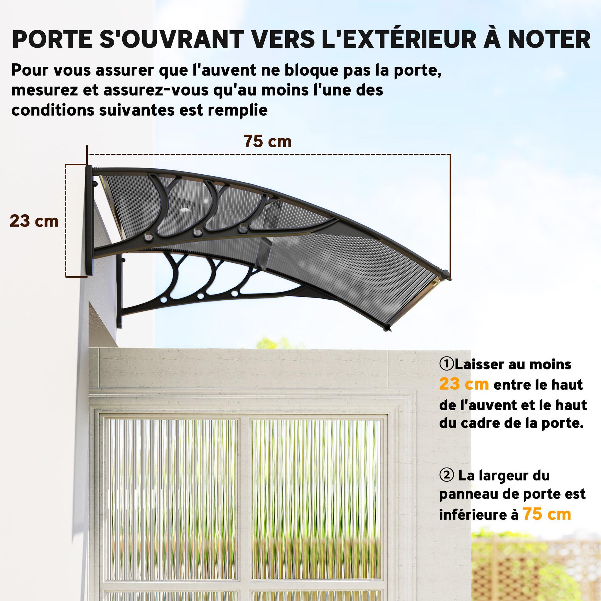 Voir la diapositive 5 : OUTSUNNY Auvent marquise de porte design voûté arrondi dim. 100L x 75l x 23H cm alu polycarbonate fumé plastique noir
