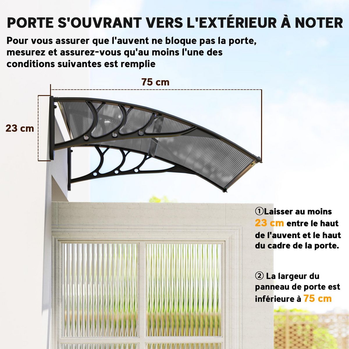 OUTSUNNY Auvent marquise de porte design voûté arrondi dim. 100L x 75l x 23H cm alu polycarbonate fumé plastique noir