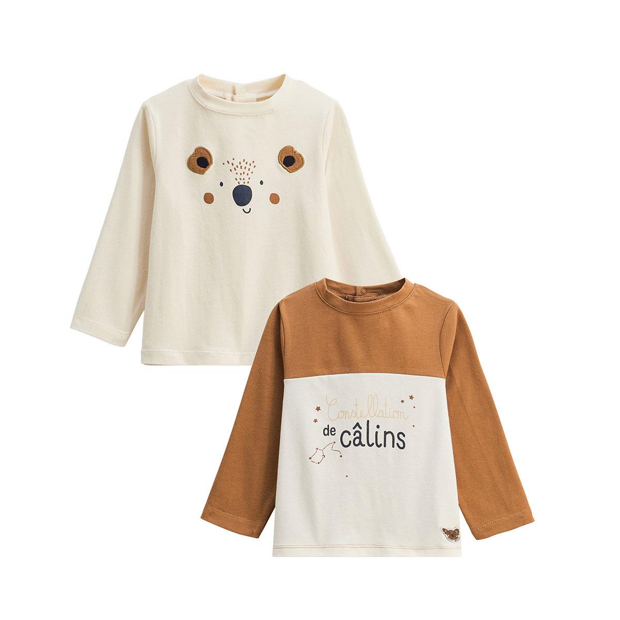Petit Béguin Lot de 2 t-shirts enfant manches longues Constellation. Coloris disponibles : Marron