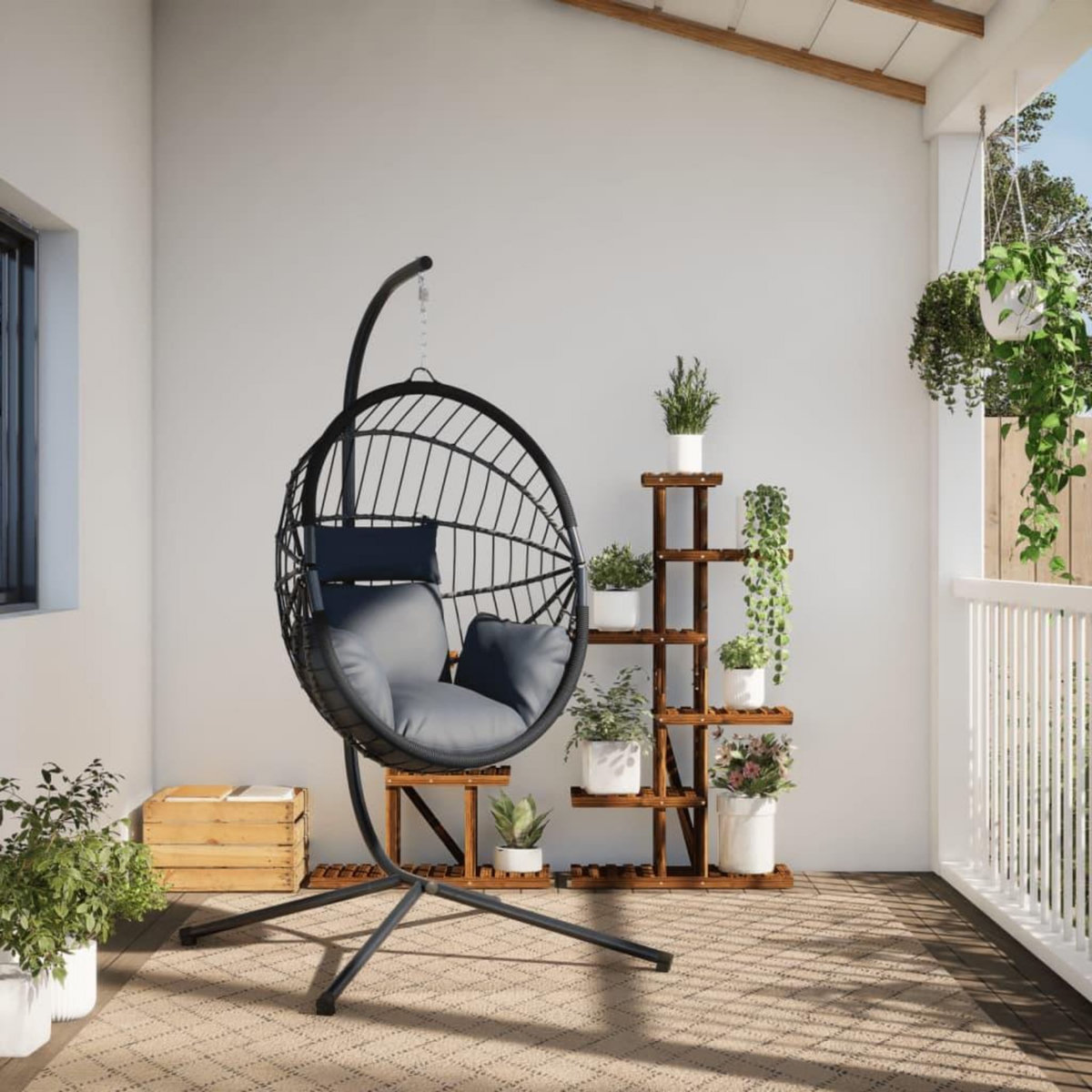VIDAXL Chaise suspendue forme d'œuf et support gris clair rotin acier