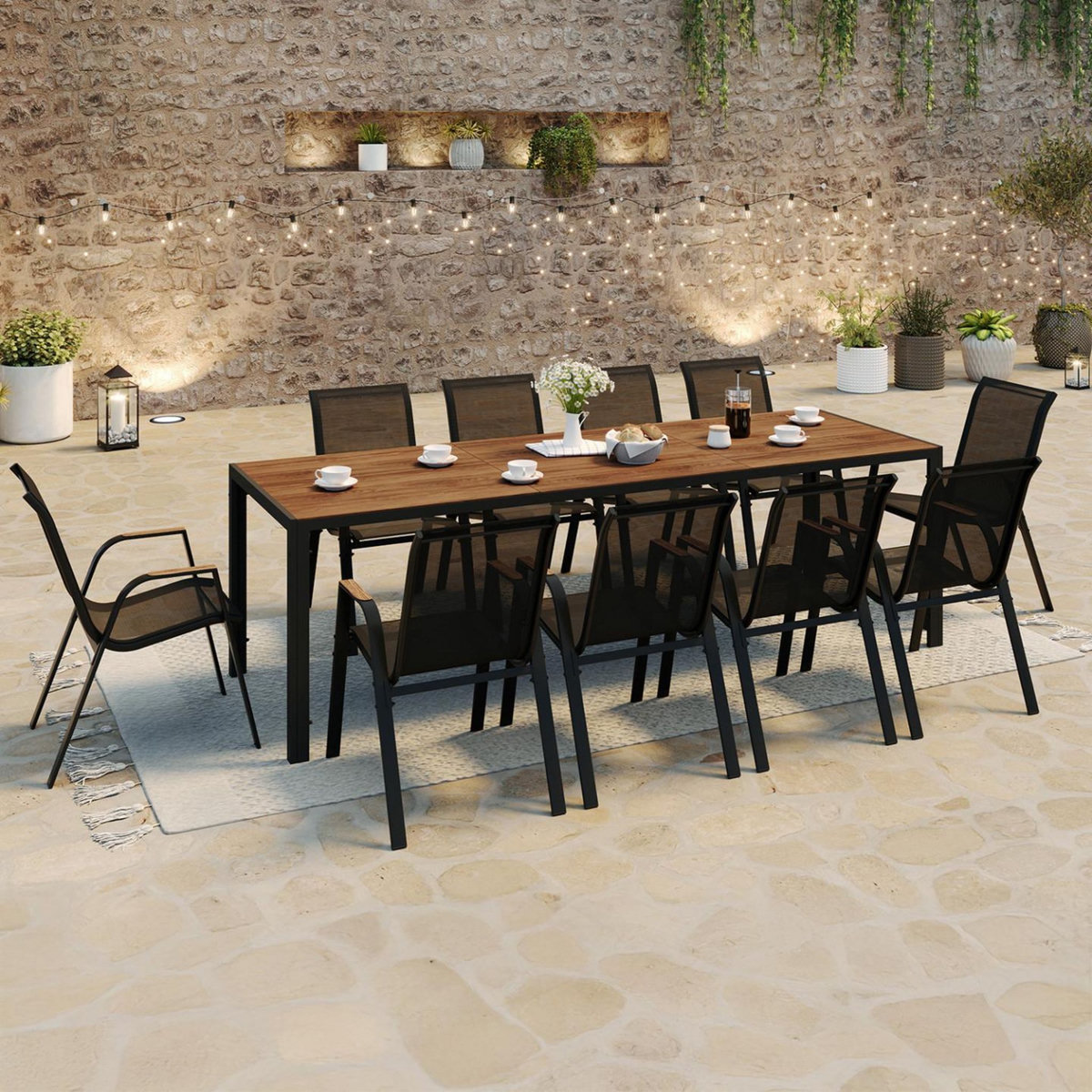 ID MARKET Salon de jardin NOUMEA table 240 cm plateau verre trempé effet bois et 10 chaises empilables noir et bois