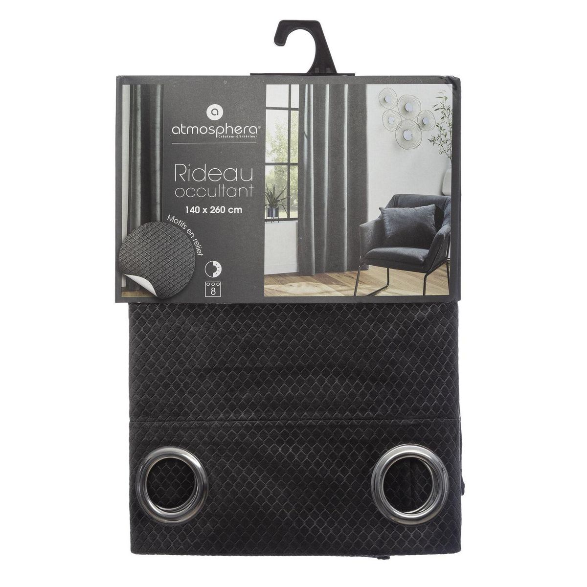 ATMOSPHERA Rideau de salon occultant 8 œillets modèle Otto - 140 x 260 cm - Gris foncé