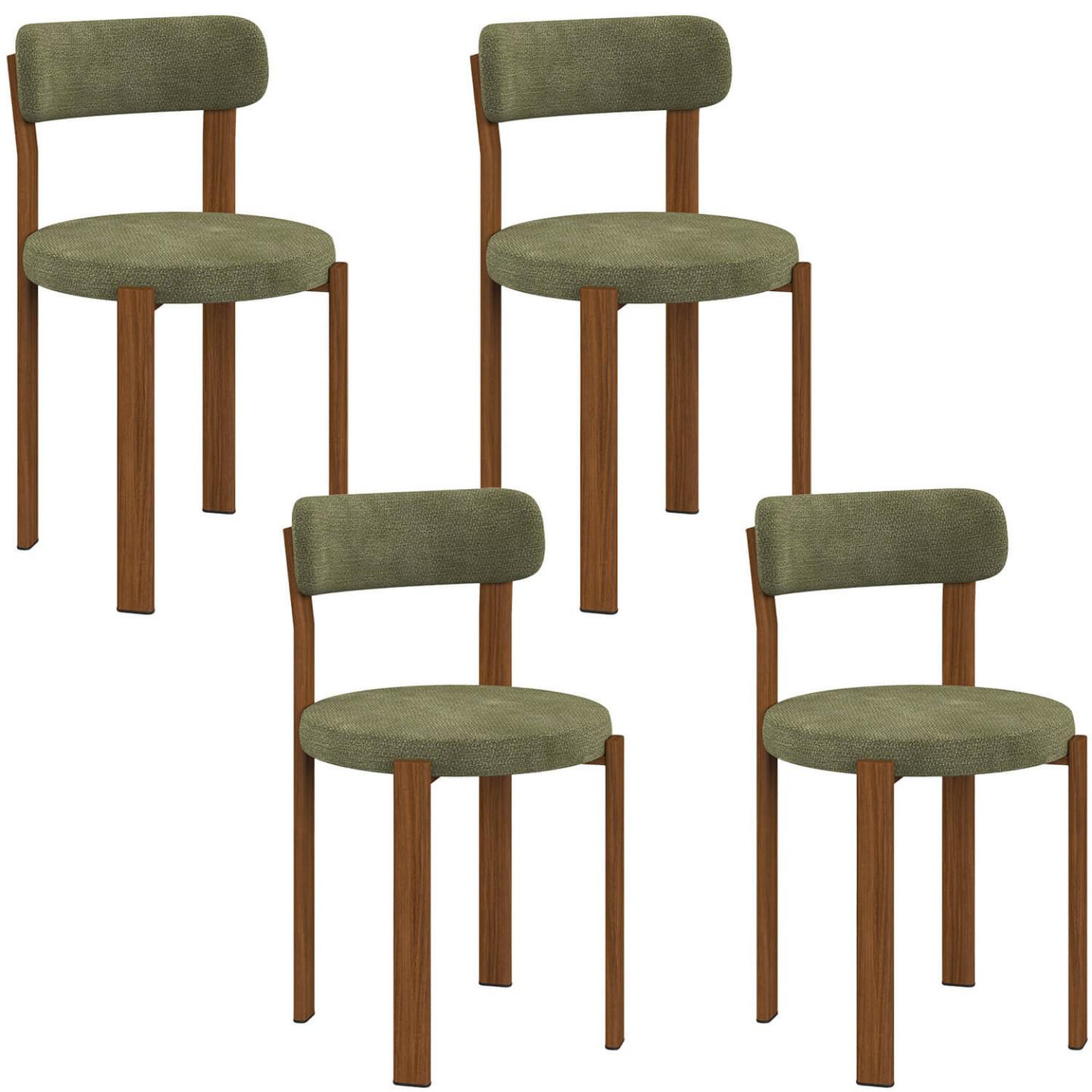 ID MARKET Lot de 4 chaises nella en tissu chenille verte pieds noyer pour salle à manger