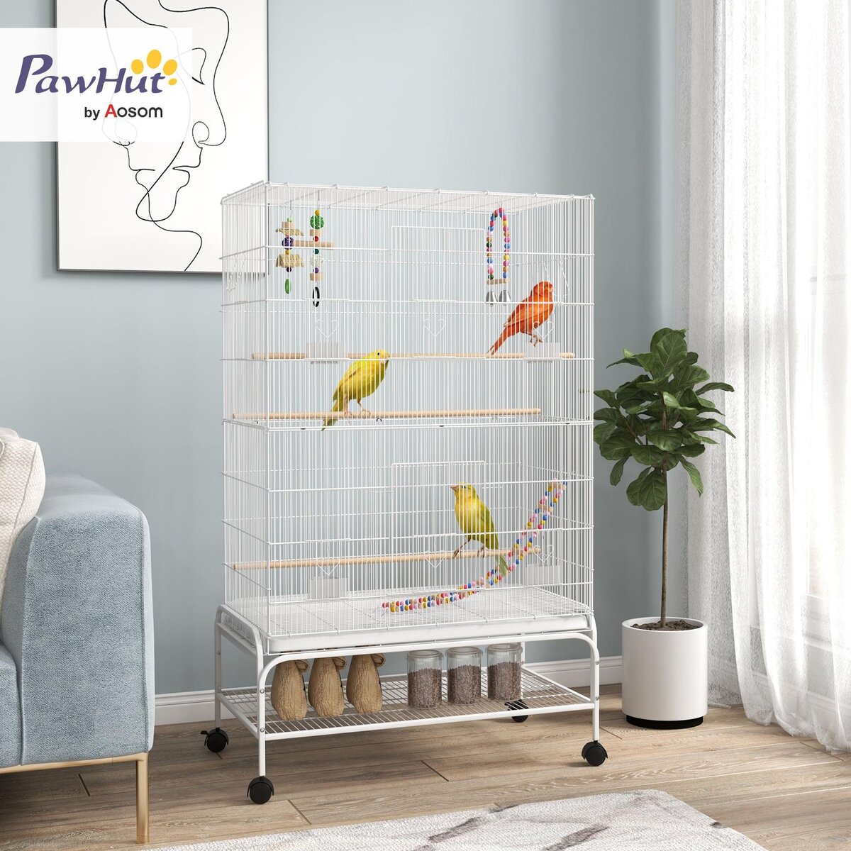 PAWHUT Cage à oiseaux sur roulettes - étagère, plateau déjection, 3 perchoirs, 4 mangeoirs, 2 portes, 8 trappes, accessoires - acier