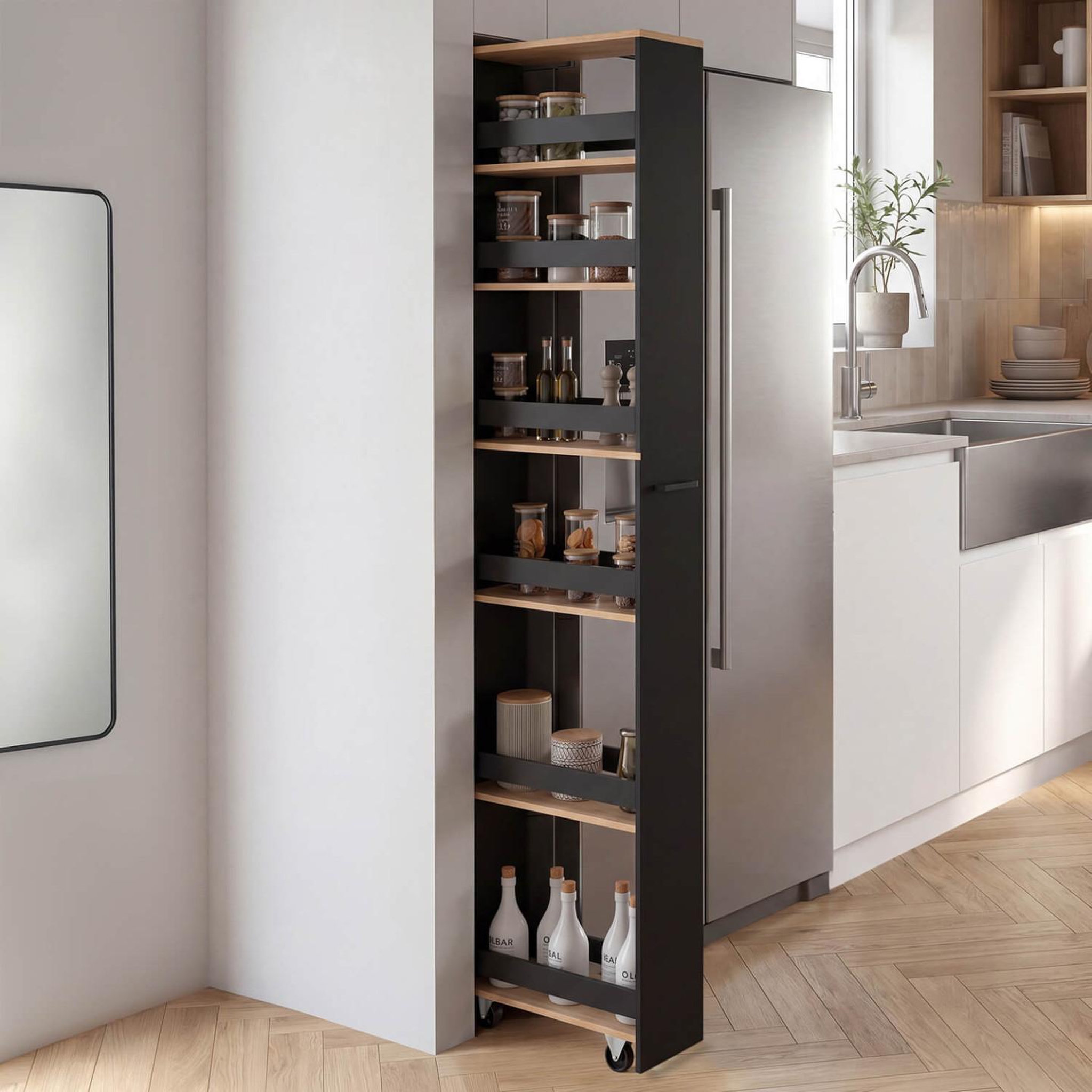 Voir la diapositive 2 : ID MARKET Desserte de cuisine gain de place haga chariot de rangement à 6 étages noir et façon hêtre h. 177 cm