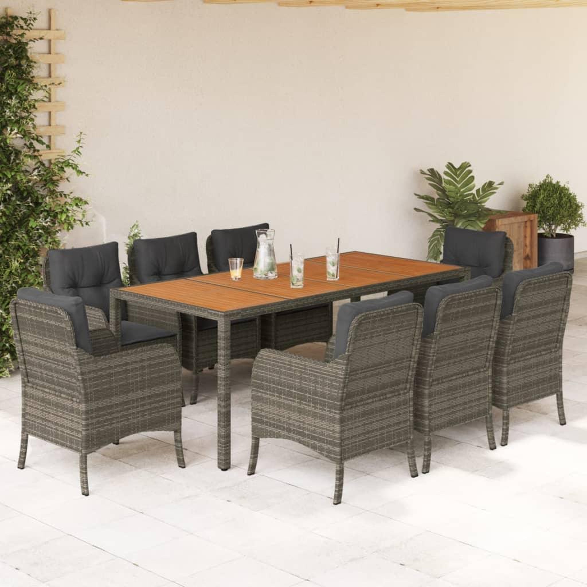 VIDAXL Ensemble a manger de jardin 9 pcs coussins gris resine tressee