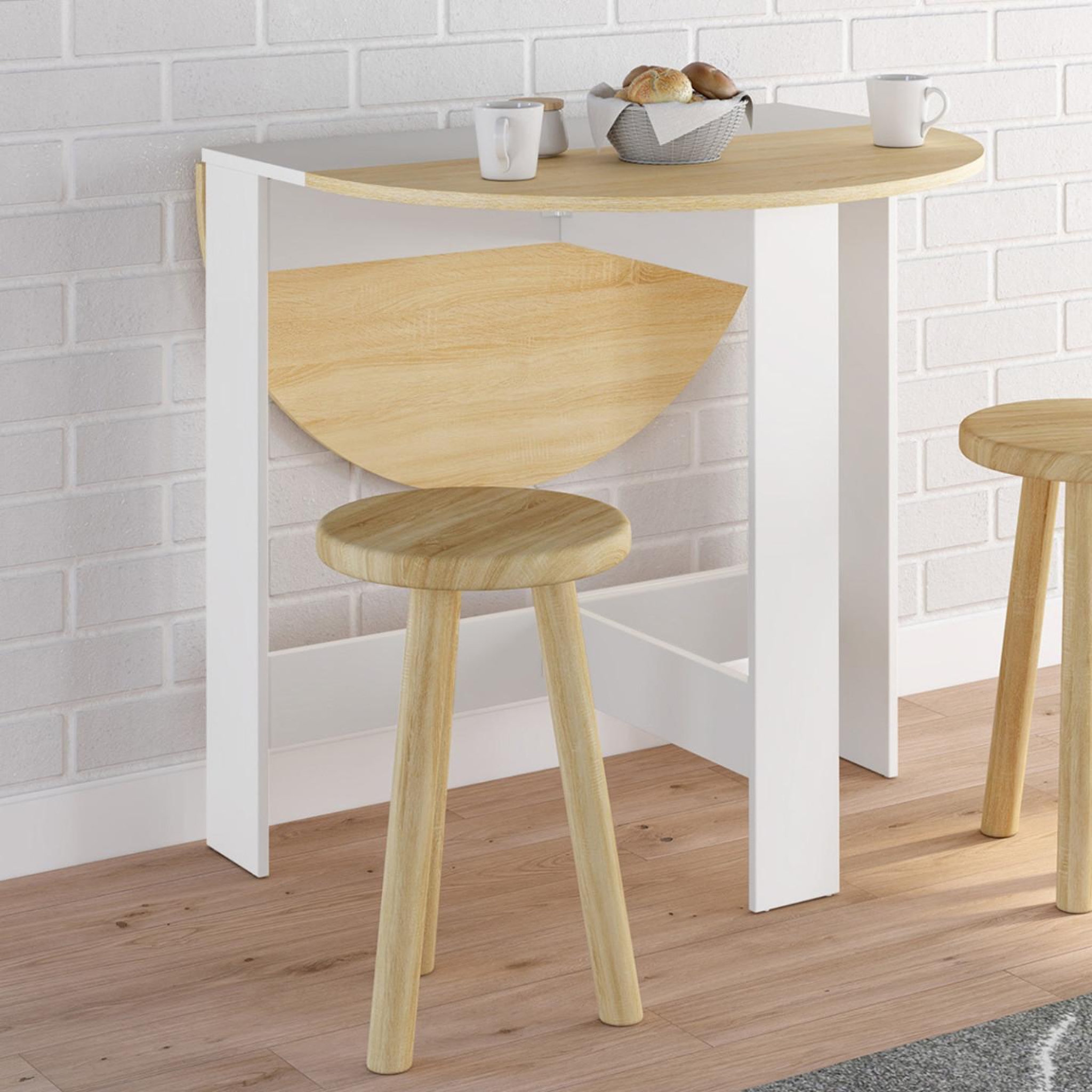 Voir la diapositive 2 : ID MARKET Table console pliable ronde edi 2-4 personnes bois blanc plateau façon hêtre 103 x 76 cm