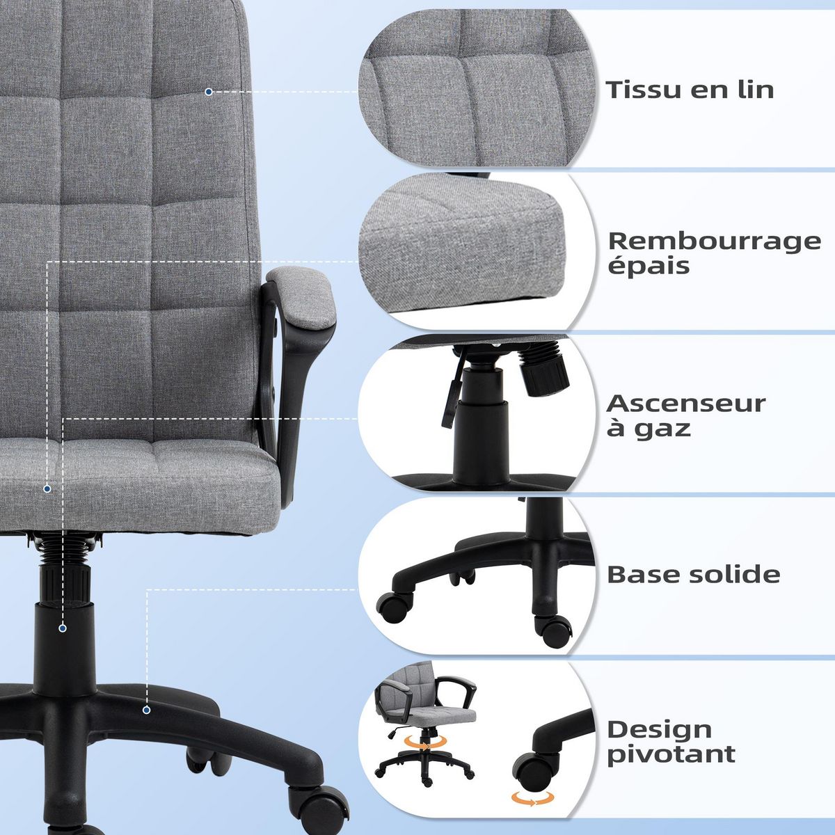 VINSETTO Chaise de bureau design Chesterfield effet capitonné hauteur réglable pivotant 360° tissu gris