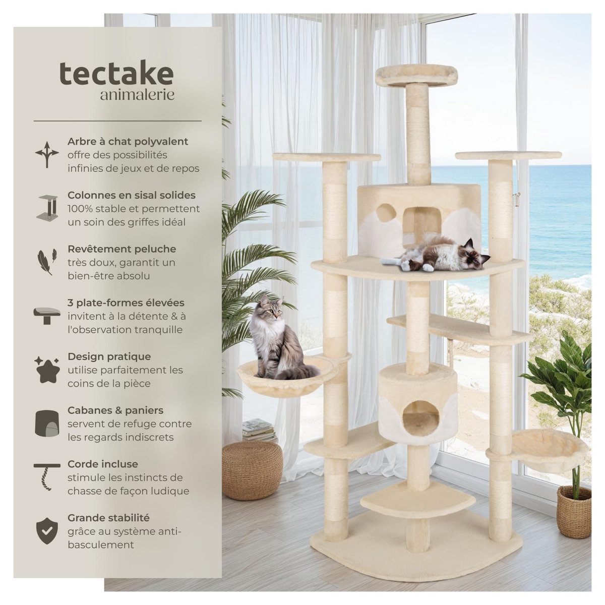 tectake Arbre à chat 201 cm avec griffoir et plateforme d'escalade beige/blanc