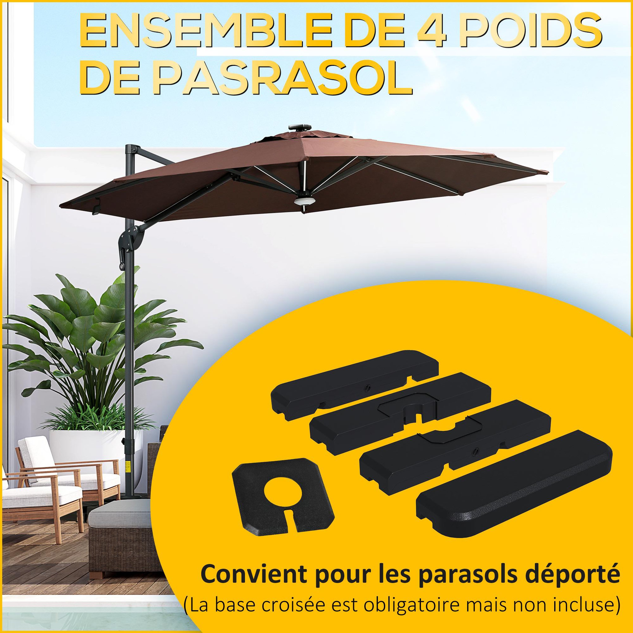Voir la diapositive 4 : OUTSUNNY Lot de 4 poids de lestage avec poignées - compatibilité parasols déportés piètement croix - HDPE texturé noir