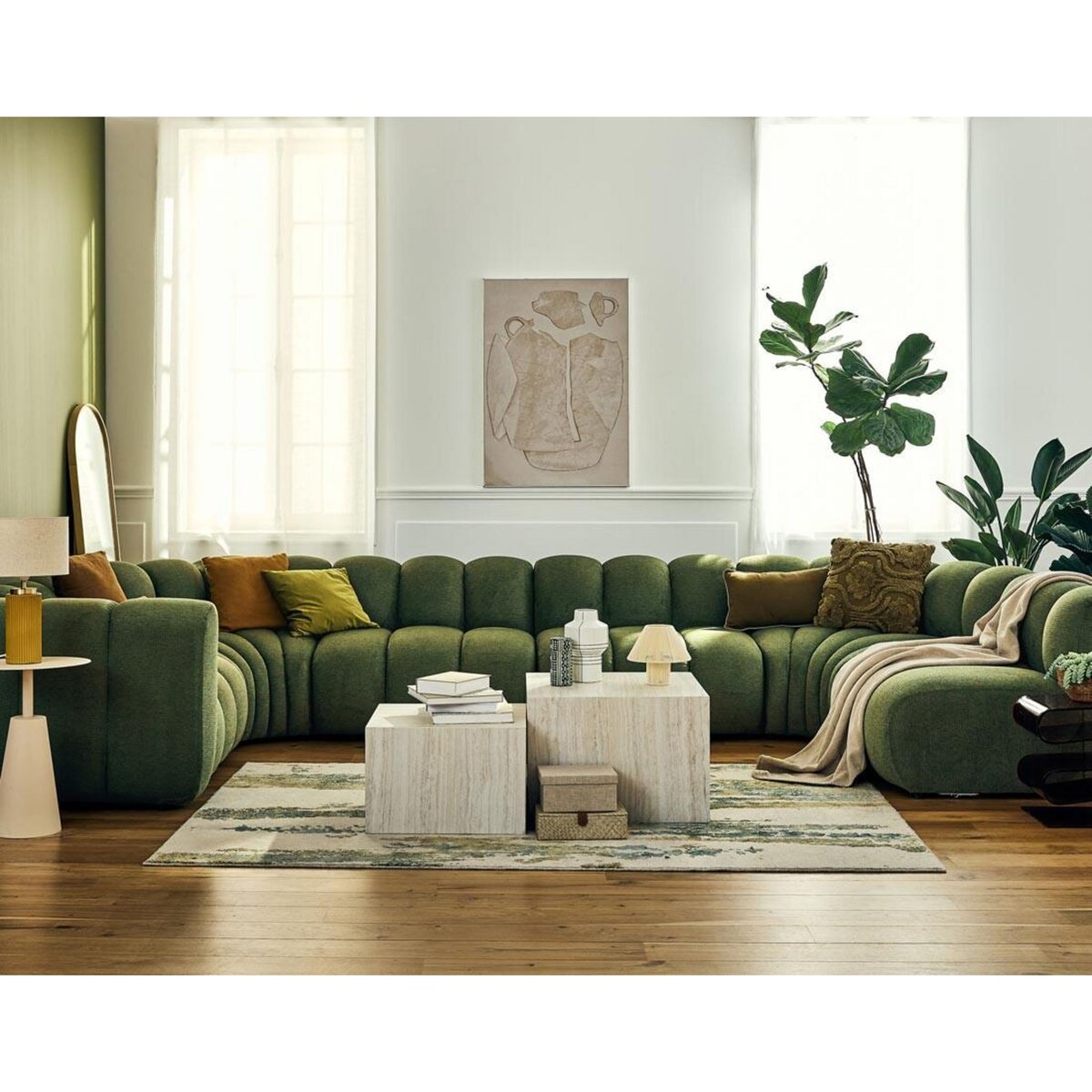 LISA DESIGN Debbie - canapé modulable panoramique d'angle droit 7 places en tissu texturé