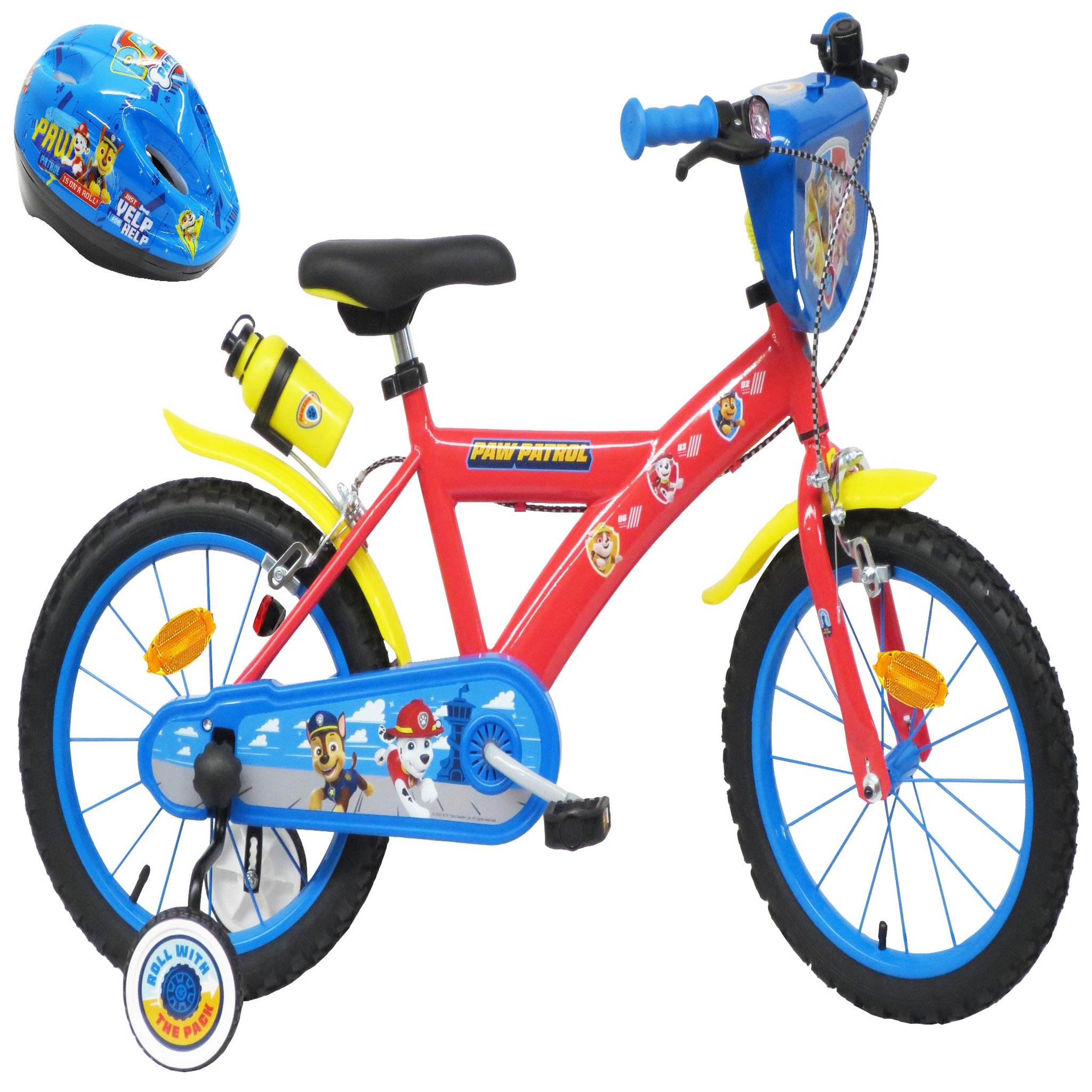 Nickelodeon Vélo enfant - Modèle 16'' Pat Patrouille + Casque pour enfant de 105/120 cm avec stabilisateurs - 2 freins - Plaque décorative avant - Porte bidon