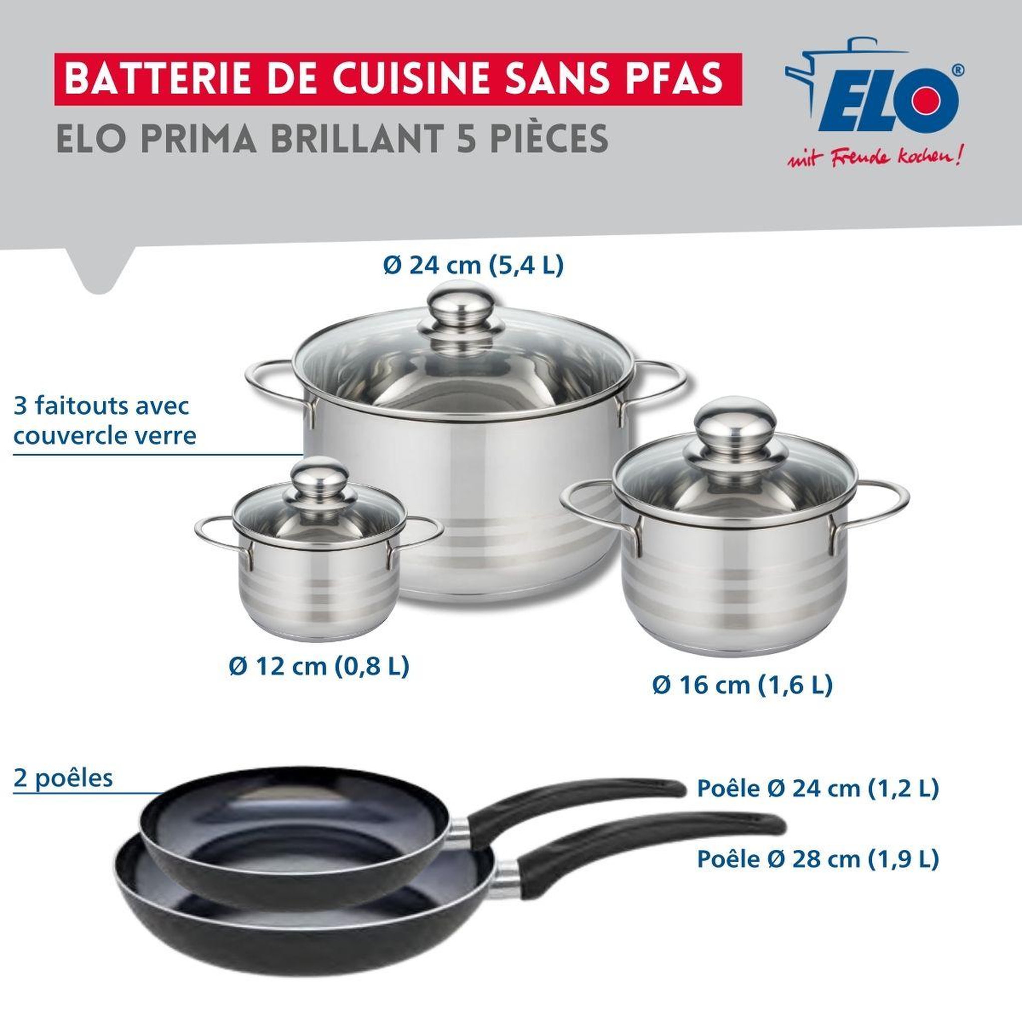 Voir la diapositive 2 : ELO Ensemble de 2 poêles de cuisson 24 et 28 cm et 3 faitouts 12, 16 et 24 cm elo prima brillant