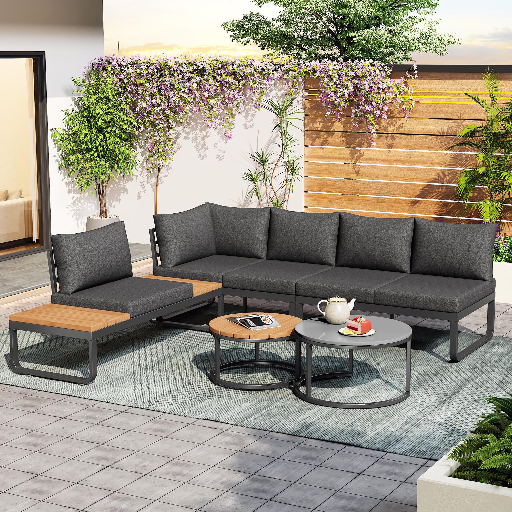 Voir la diapositive 2 : MERAX Salon de jardin 5 places en fer avec 2 tables empilables, pieds réglables, coussins, gris