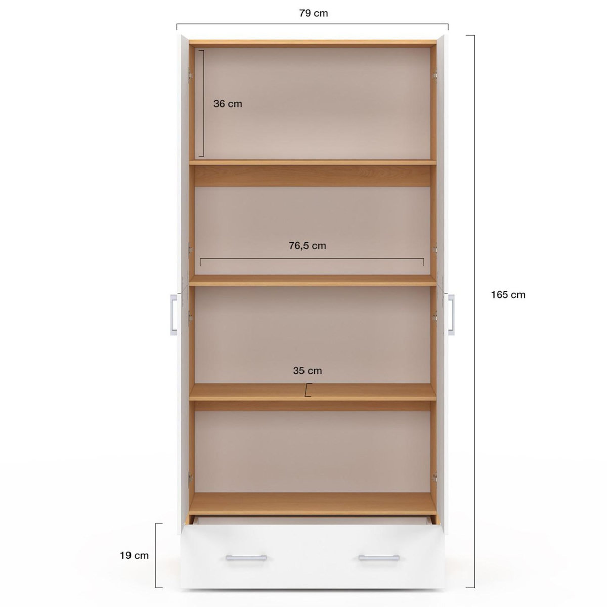 ID MARKET Armoire 2 portes JULIANA blanc et bois étagères 80 cm avec 1 tiroir