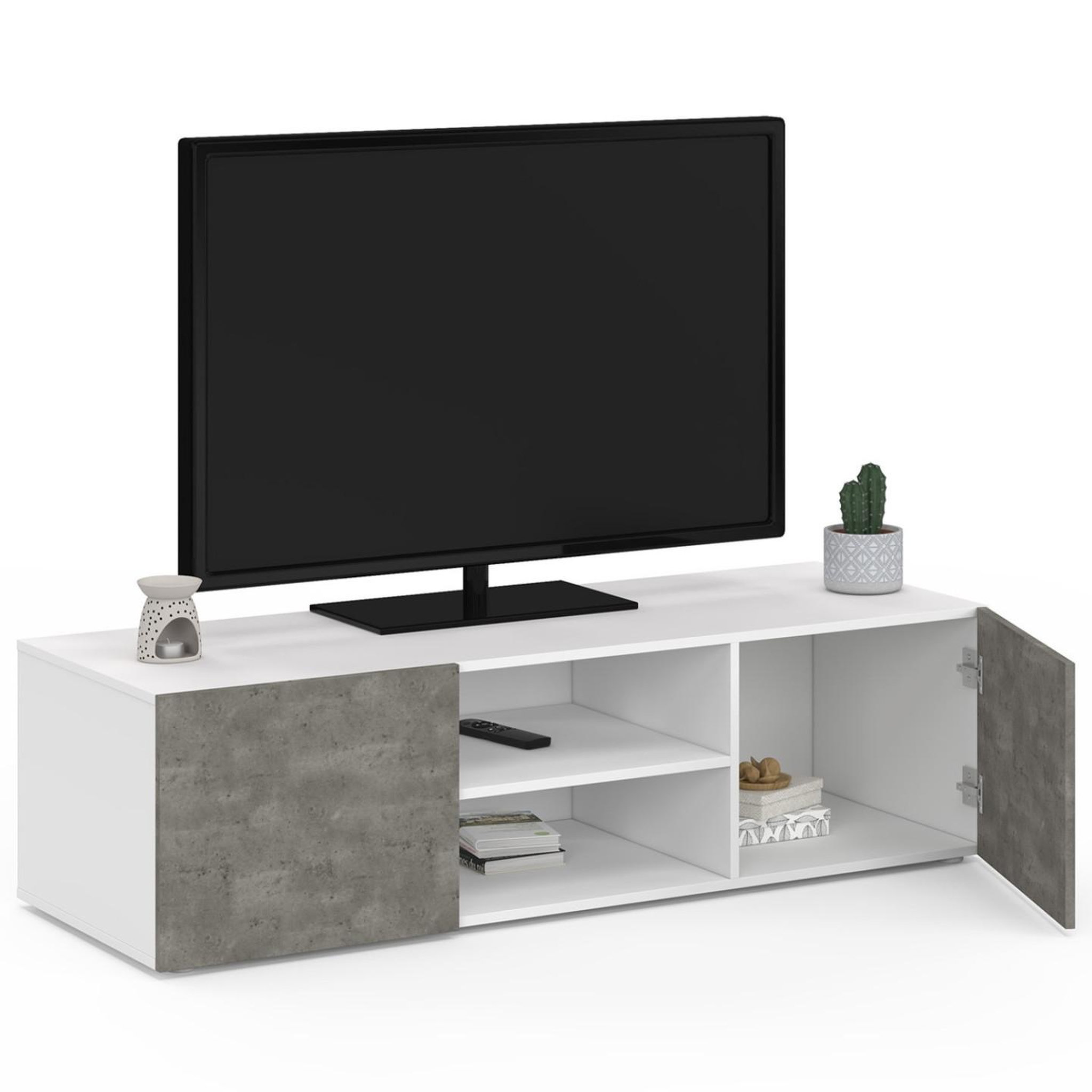 Voir la diapositive 4 : ID MARKET Meuble TV 113 cm ELI blanc portes effet béton