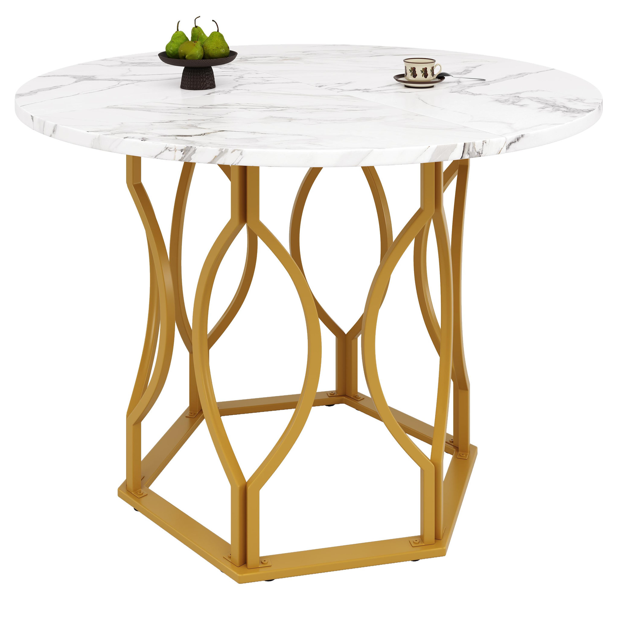 MERAX Table à manger ronde fixe blanc+doré - 100x100-100max.cm mdf et métal