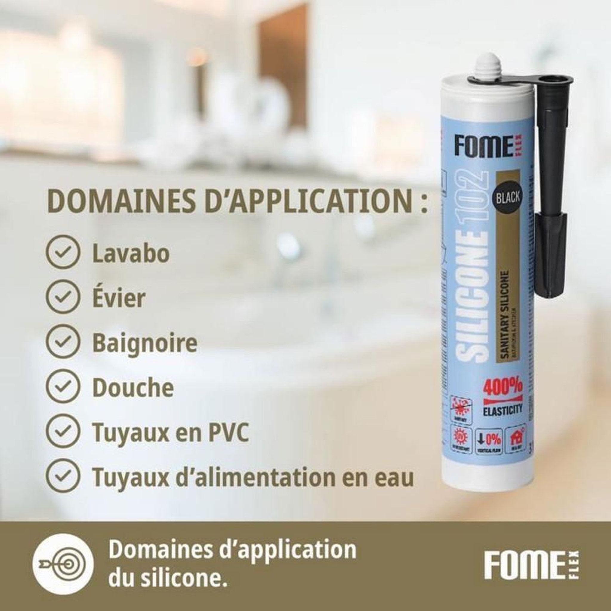 Voir la diapositive 3 : Mastic silicone sanitaire acétique noir anti-moisissure FOME FLEX 102, étanchéité pour salles de bains, cuisines, lavabos et douches, 300 mL