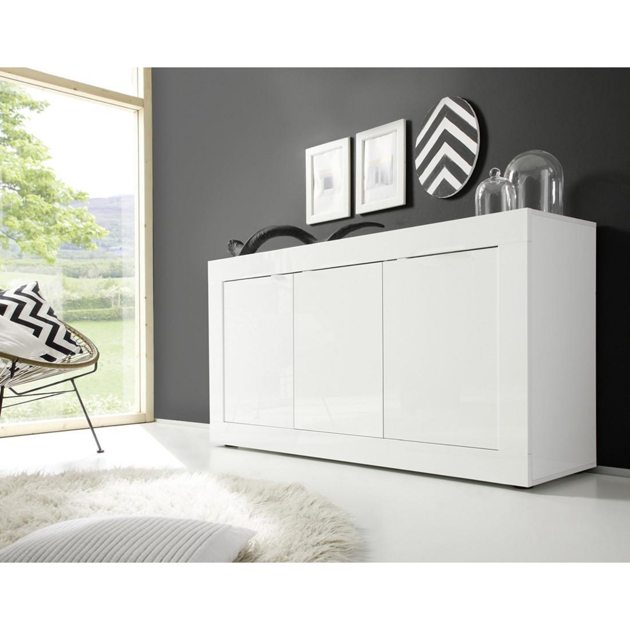 Buffet Bas Alaska 3 Portes 113cm - Noir Avec Plateau Effet Marbre Blanc
