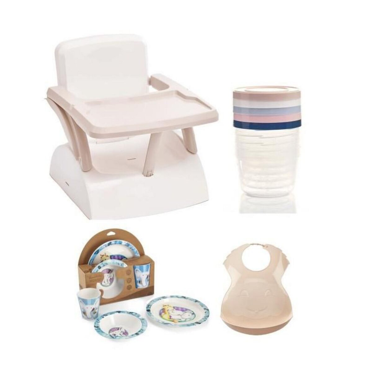 THERMOBABY Rehausseur de chaise pour enfant + Boîtes de conservation + Coffret vaisselle micro-ondes + Bavoir semi-rigide