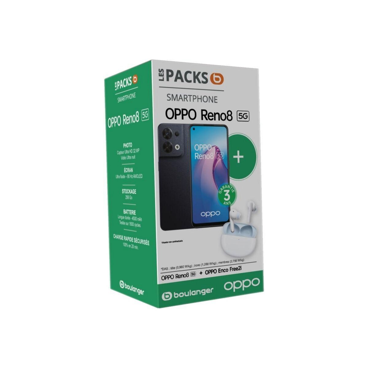 OPPO Smartphone Pack Reno8 Noir 5G + Enco Free 2i Blanc