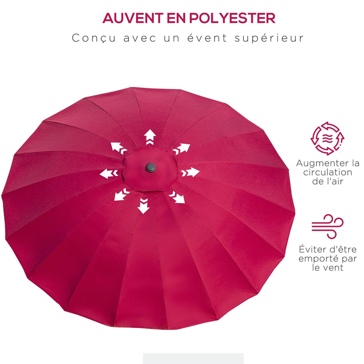 OUTSUNNY Parasol inclinable rond avec manivelle métal fibre de verre Ø 2,55 m polyester haute densité bordeaux