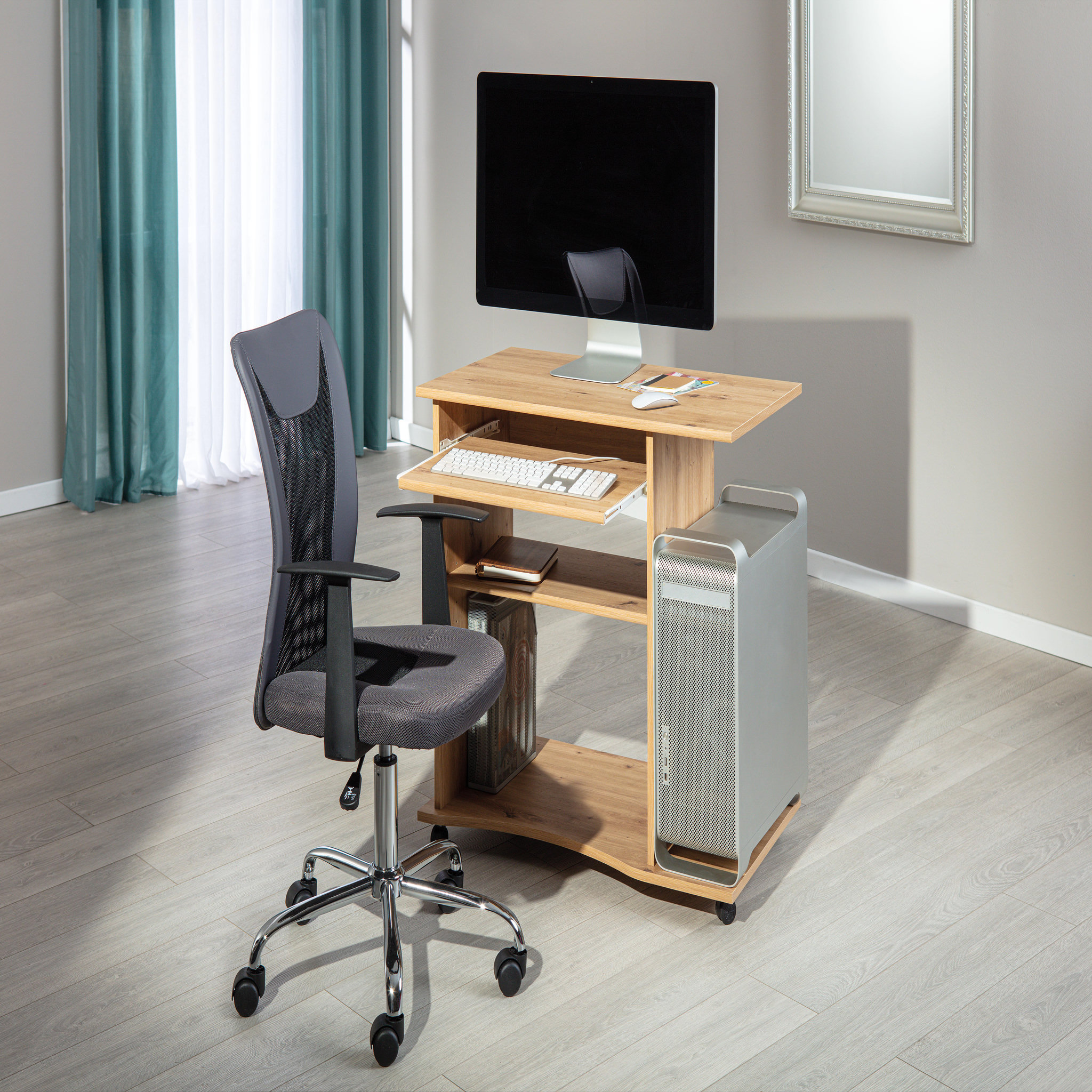 Voir la diapositive 1 : Bureau droit informatique avec tablette coulissante et roulettes L80cm  ADRIEN