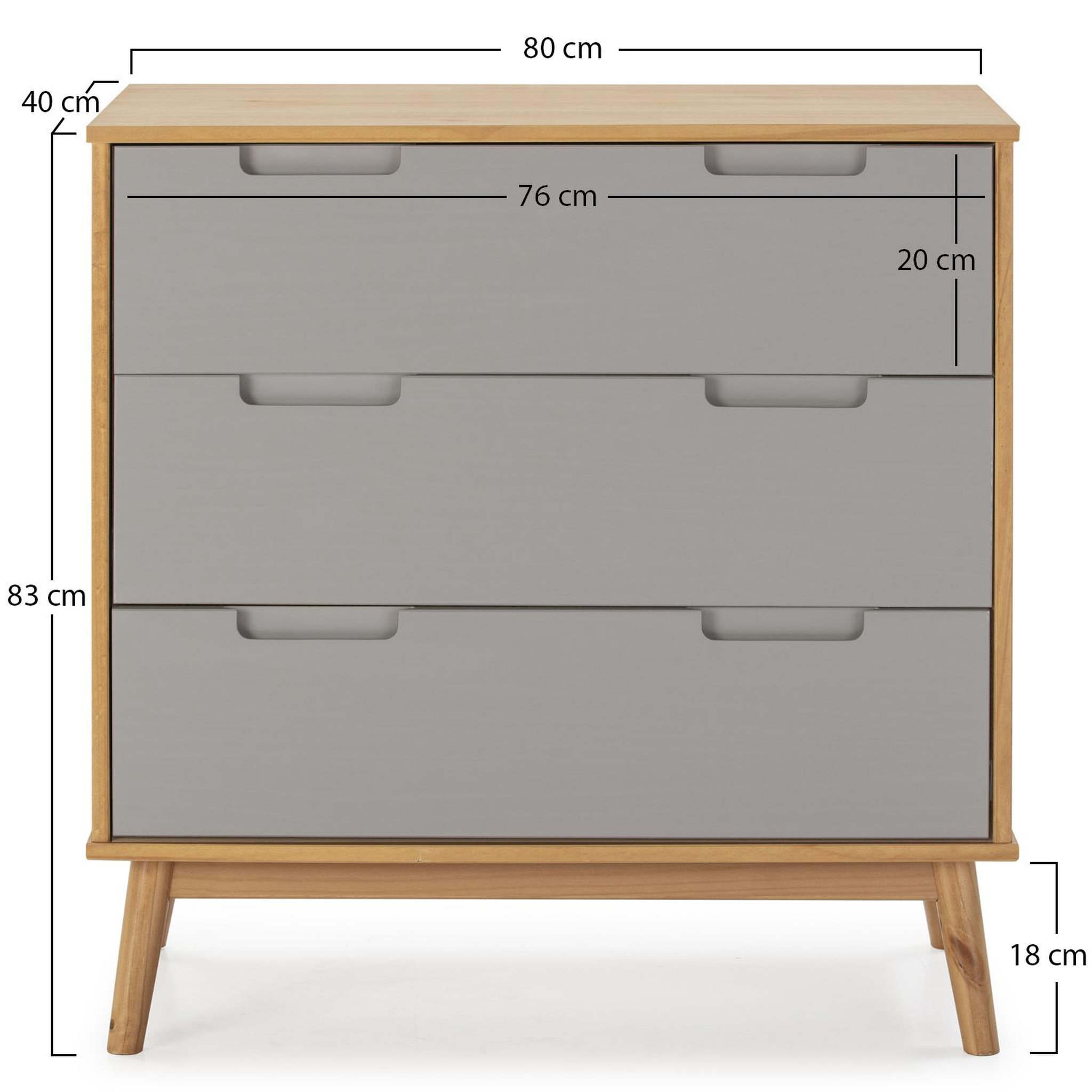 Voir la diapositive 3 : VS VENTA-STOCK Commode de nuit Bruce avec 3 tiroirs, bois massif, 80 cm Largeur
