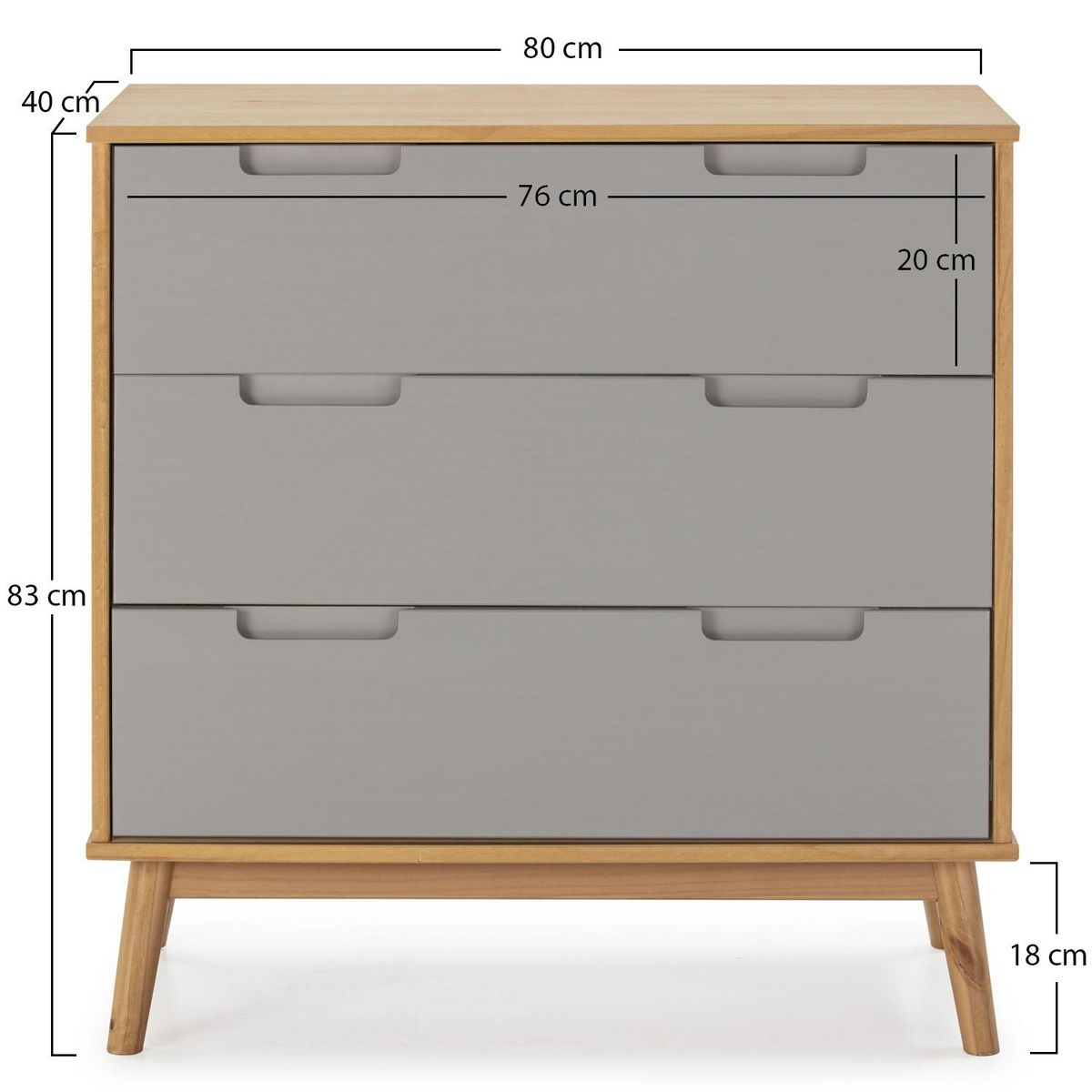 VS VENTA-STOCK Commode de nuit Bruce avec 3 tiroirs, bois massif, 80 cm Largeur