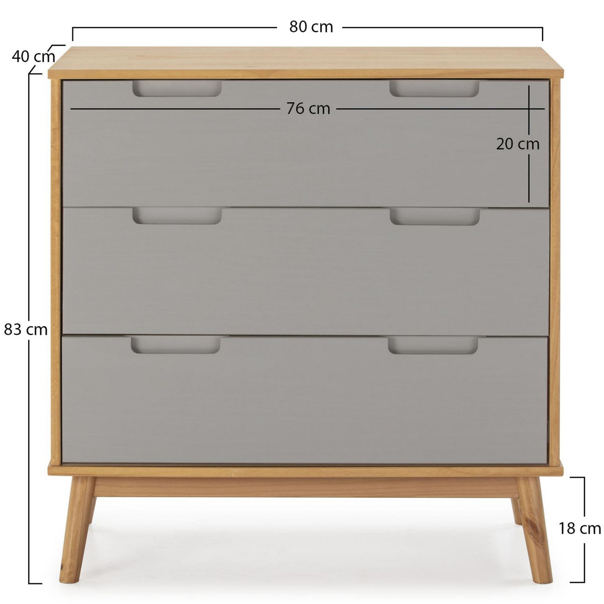VS VENTA-STOCK Commode de nuit Bruce avec 3 tiroirs, bois massif, 80 cm Largeur