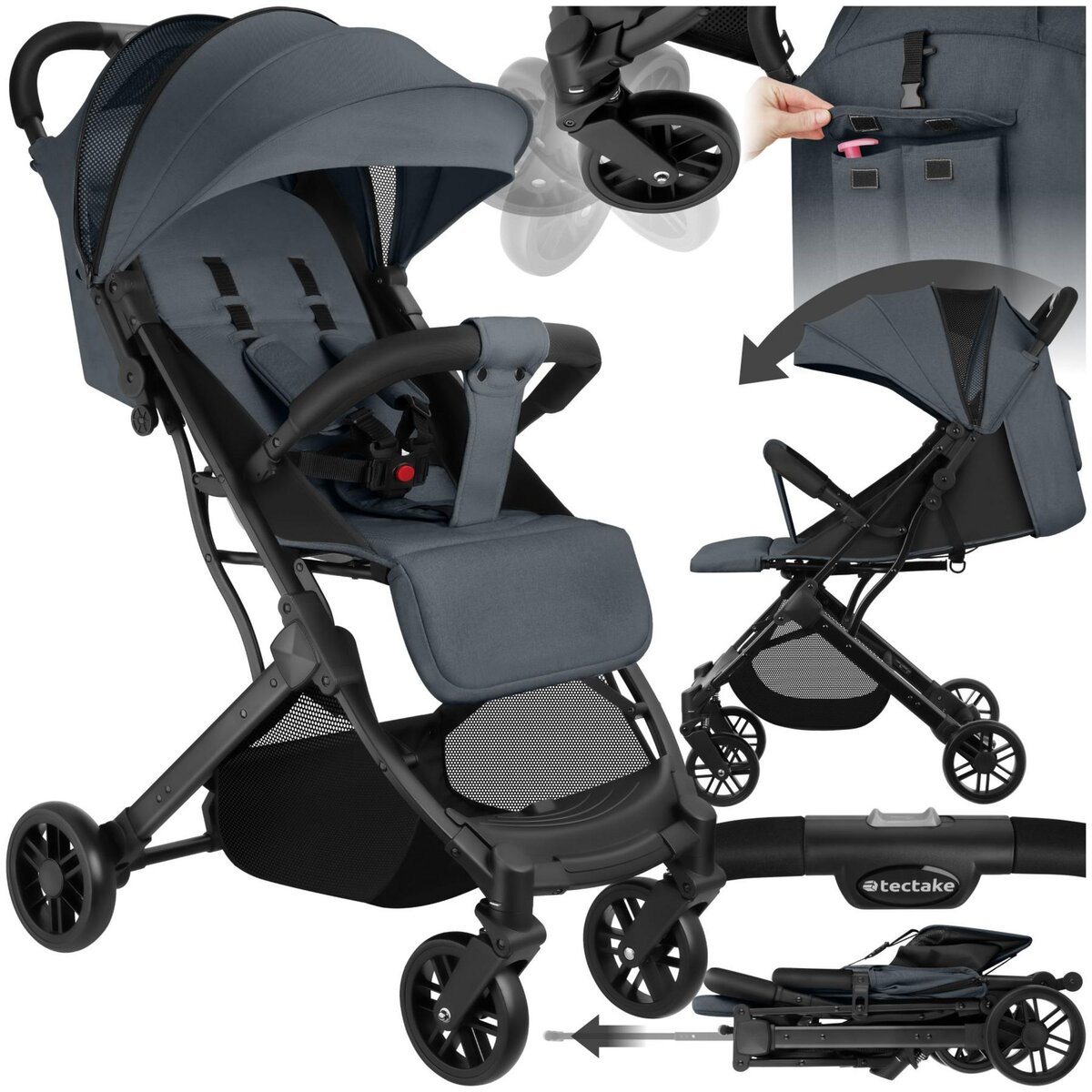 tectake Poussette buggy pliage à une main avec harnais à 5 points, frein de stationnement et arceau de sécurité gris anthracite