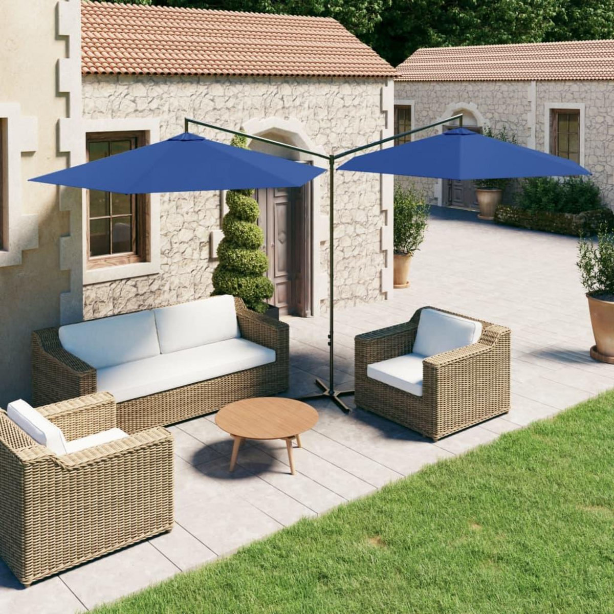 VIDAXL Parasol de jardin double avec mat en acier bleu azure 600 cm
