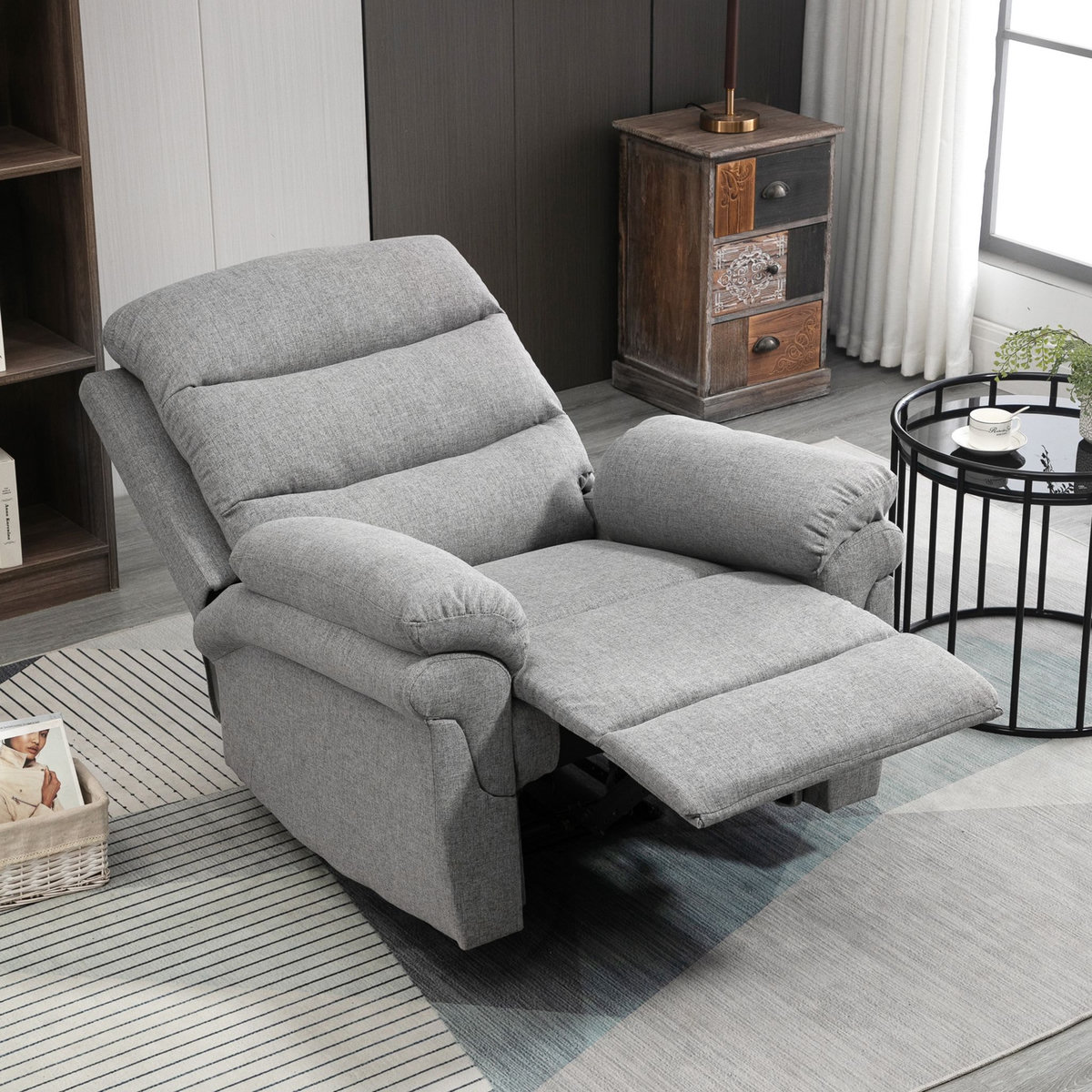 HOMCOM Fauteuil de relaxation inclinable manuel avec repose-pied ajustable tissu polyester aspect lin gris clair chiné