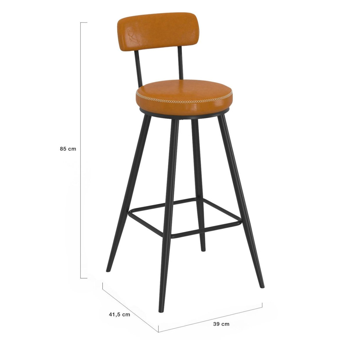 ID MARKET Lot de 4 tabourets de bar ISAURE PU marron avec coutures et pieds métal noir