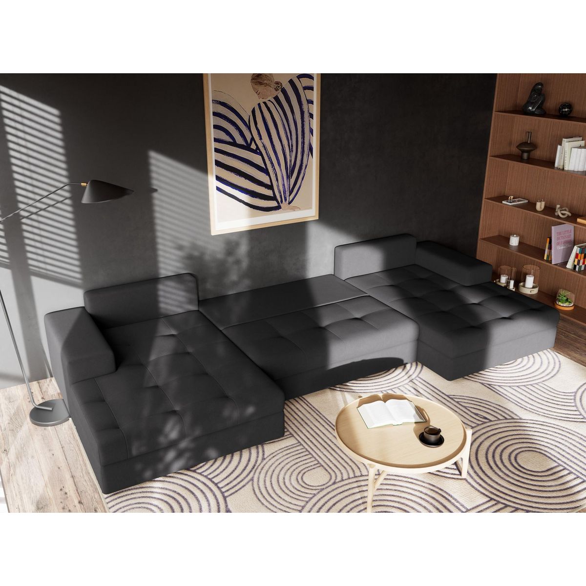 BEST MOBILIER Bastian - canapé panoramique en u 7 places convertible avec coffre en velours texturé