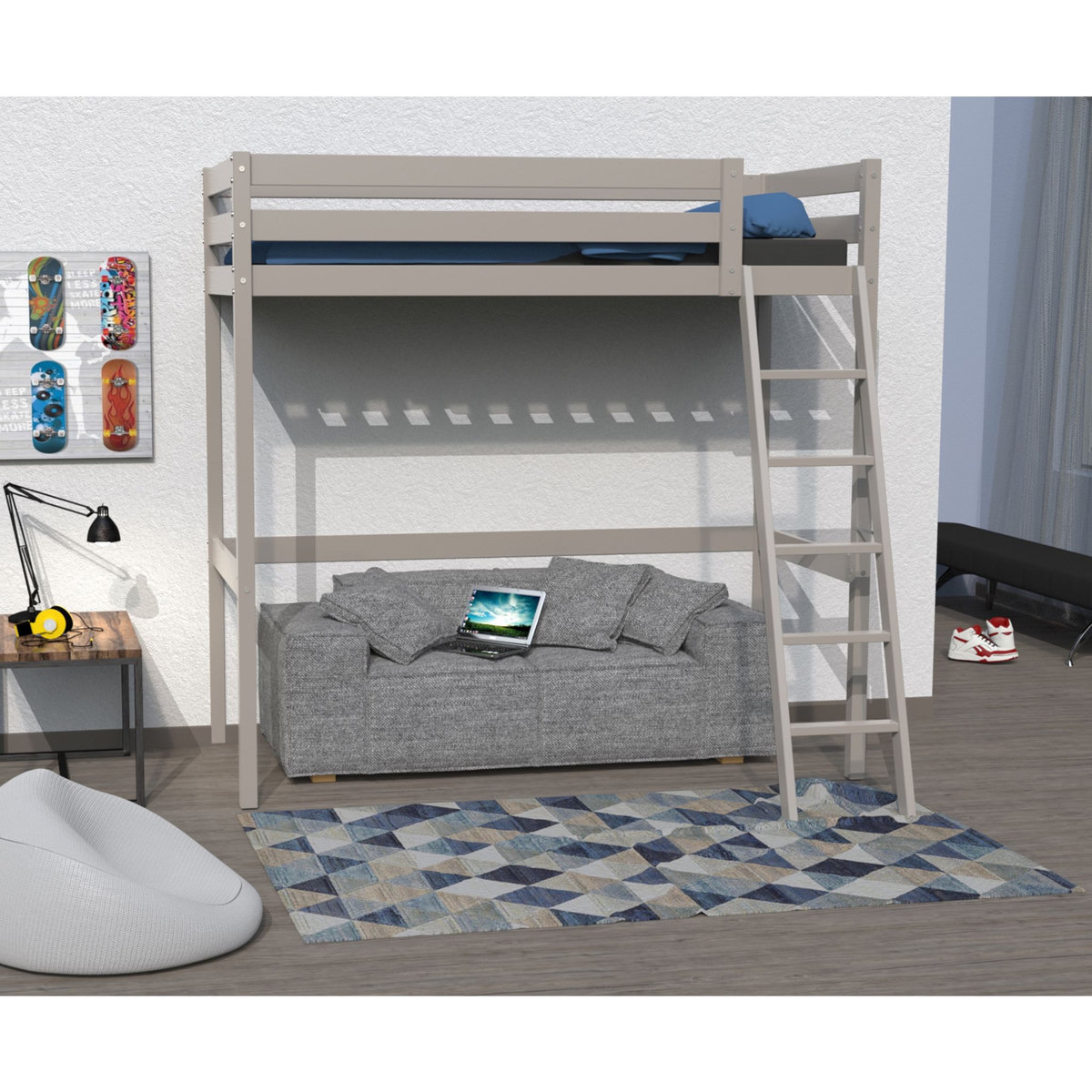 Lit Mezzanine 90 x 190 cm bois massif + sommier CITY