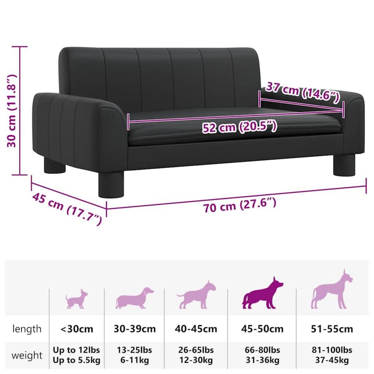 VIDAXL Lit pour chien noir 70x45x30 cm similicuir