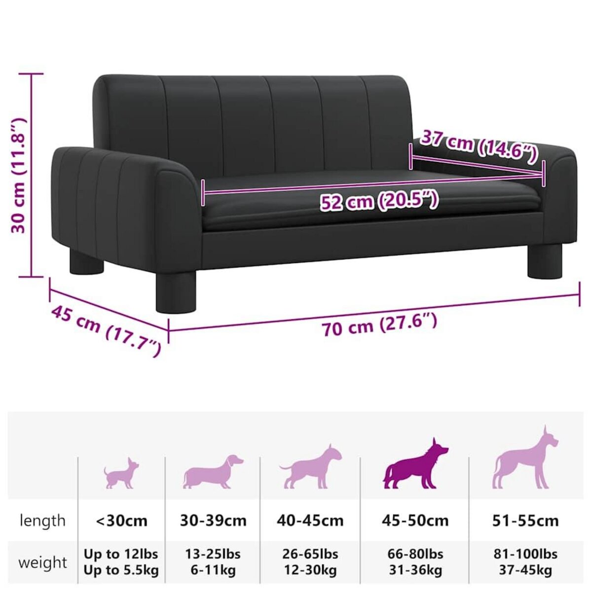 VIDAXL Lit pour chien noir 70x45x30 cm similicuir