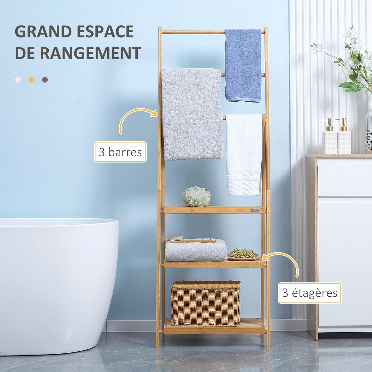 KLEANKIN Porte-serviette pliable autoportant - 3 barres, 3 étagères - dim. 53 x 30 x 152 cm - bois bambou