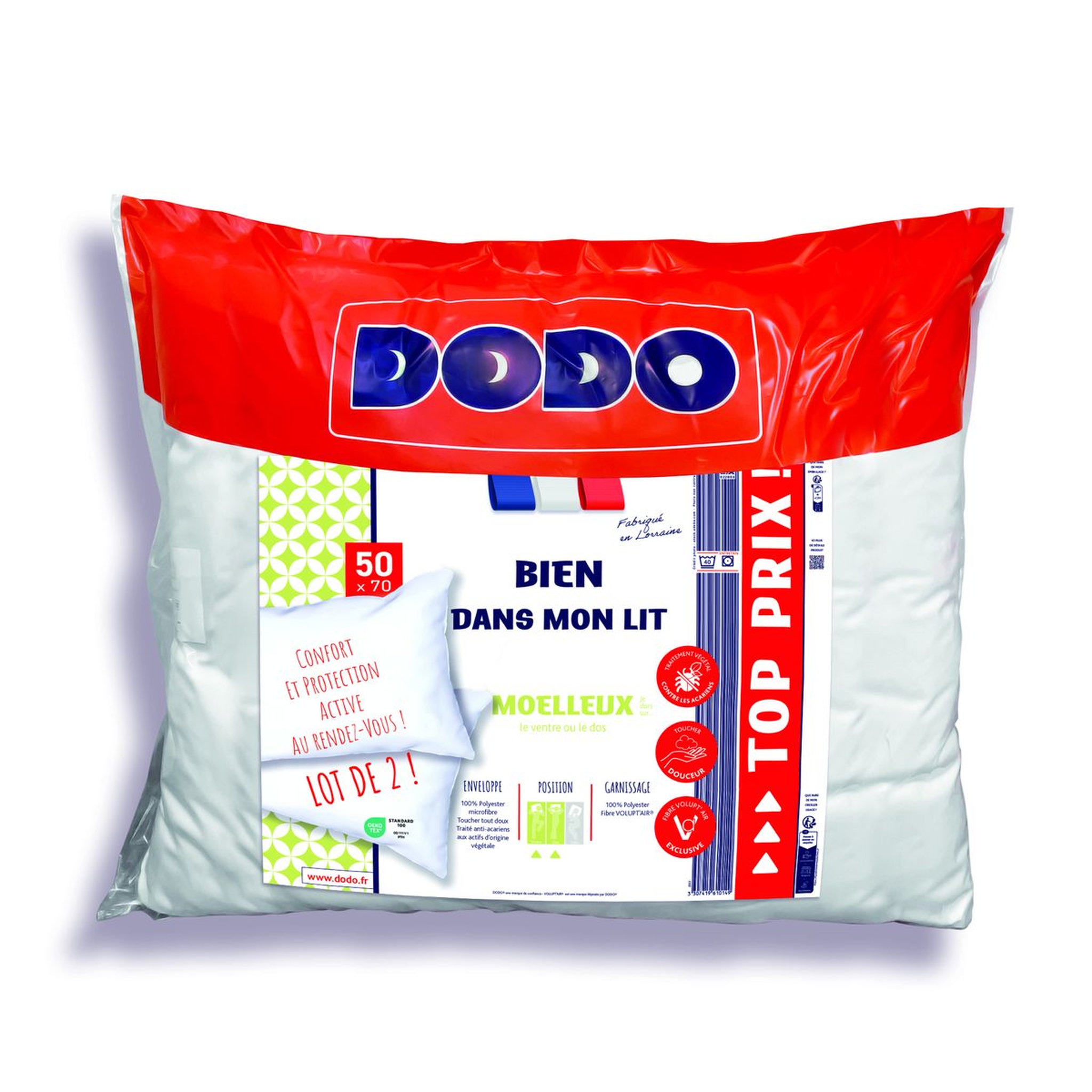 Voir la diapositive 1 : DODO Lot de 2 oreillers confort moelleux en microfibre toucher tout doux anti acariens BIEN DANS MON LIT 