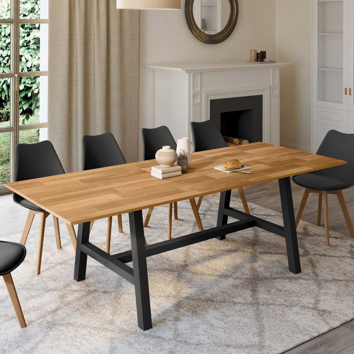 ID MARKET Table à manger extensible rectangle MADELEINE 6-12 personnes bois et métal noir 160-240 cm