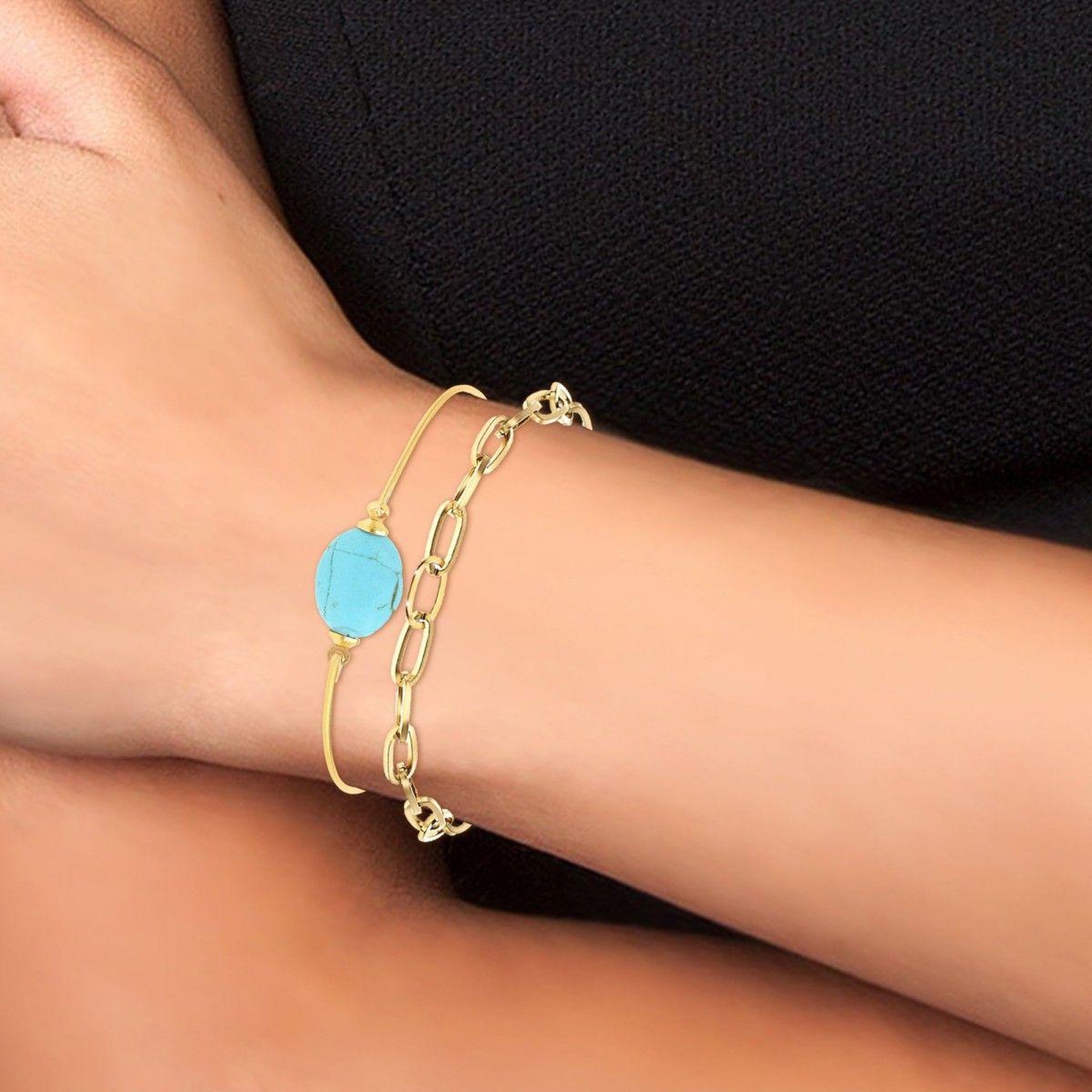 Voir la diapositive 2 : SC BOHEME Lot de 2 bracelets SC Bohème en Laiton Finement doré orné d'une pierre naturelle Turquoise