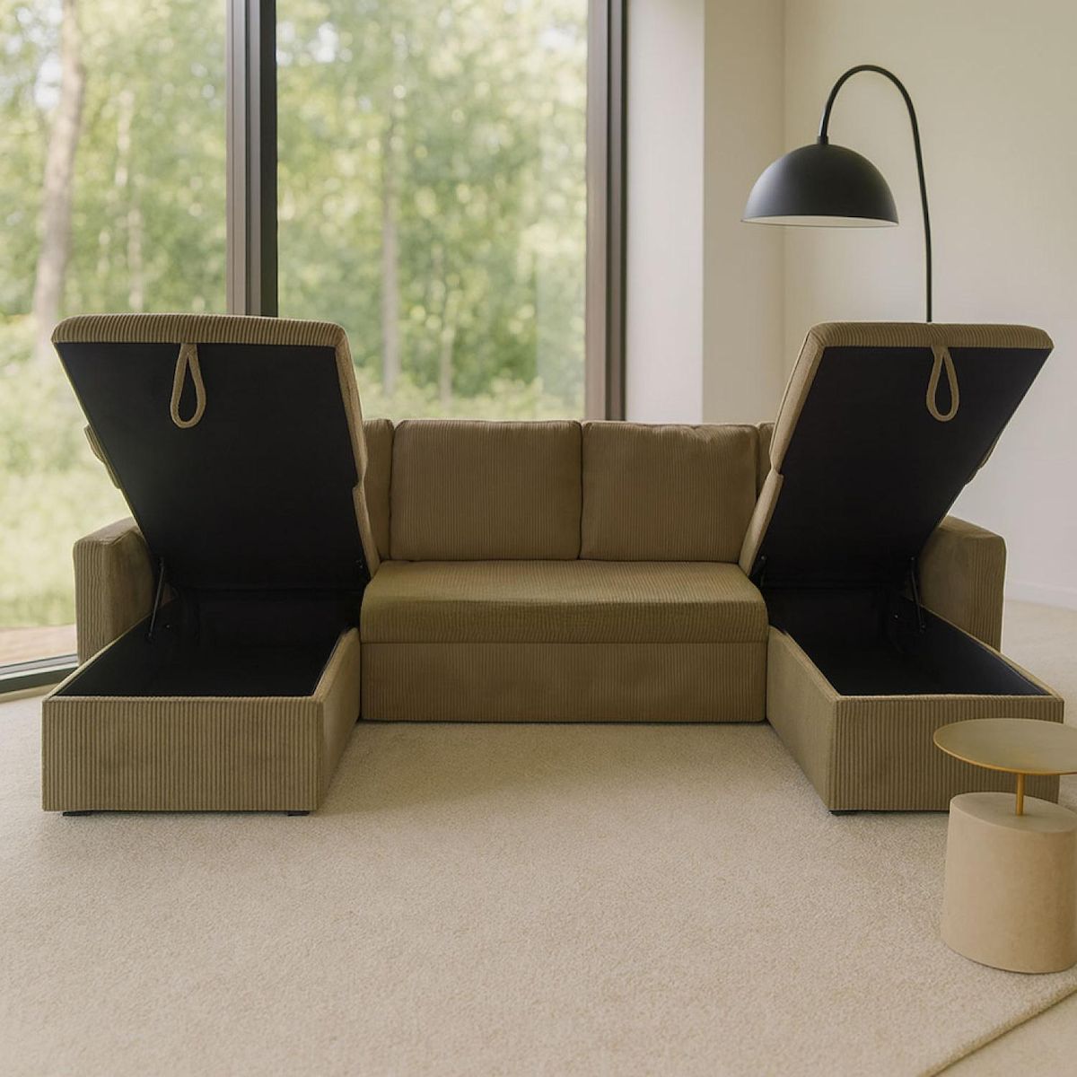 CONCEPT USINE Canapé panoramique convertible avec coffres 4 places en velours côtelé vert MAHÉ