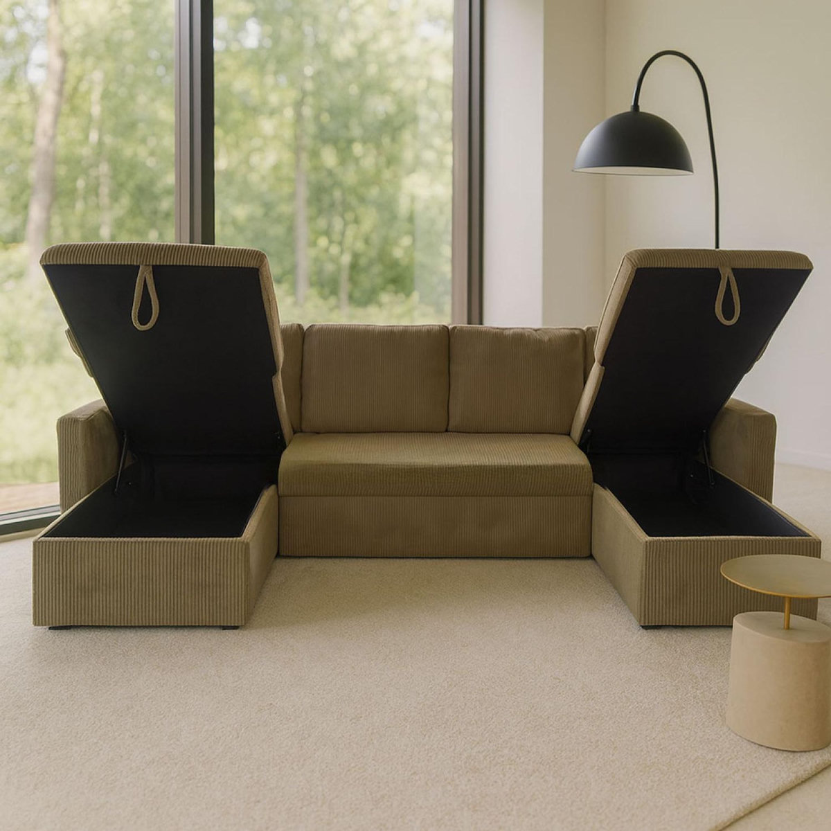 CONCEPT USINE Canapé panoramique convertible avec coffres 4 places en velours côtelé vert MAHÉ