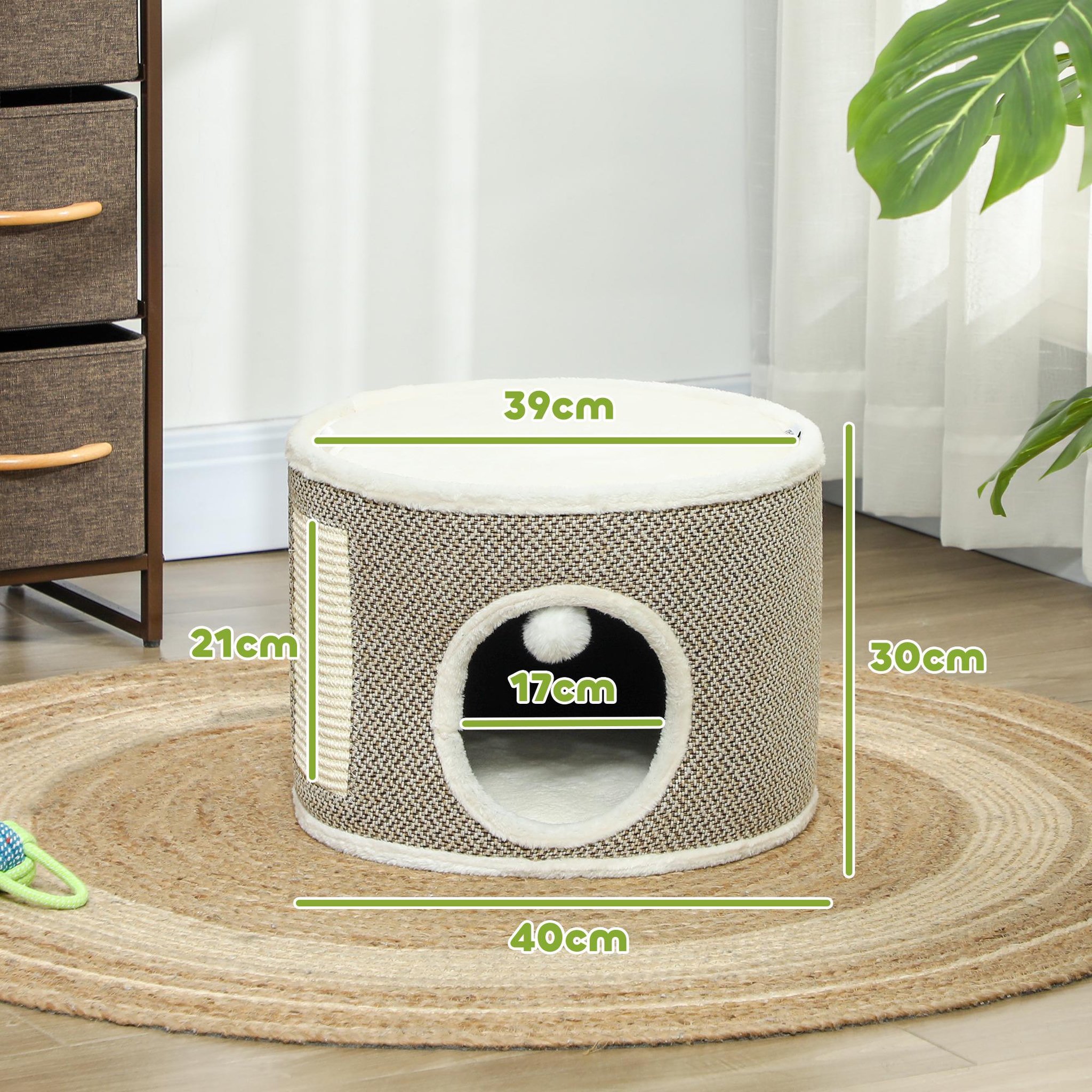 Voir la diapositive 3 : PAWHUT Panier niche griffoir grattoir 4 en 1 - 2 coussins, pompon - sisal naturel peluche crème café
