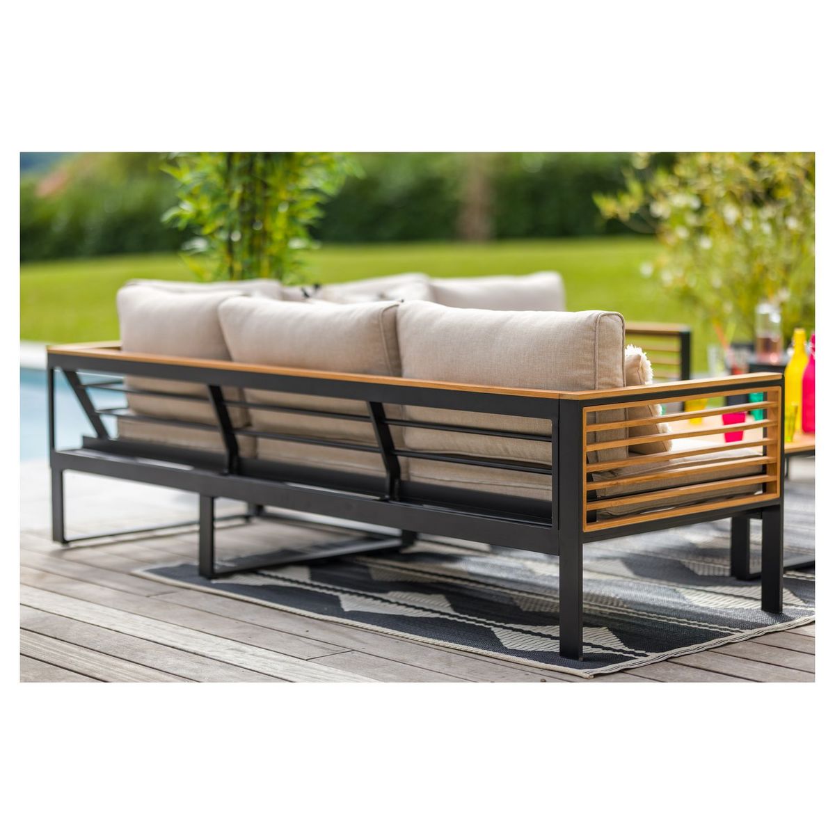 JARDILINE Salon bas de jardin - 5 places - Teck/Aluminium - Beige/Noir - MARTINIQUE