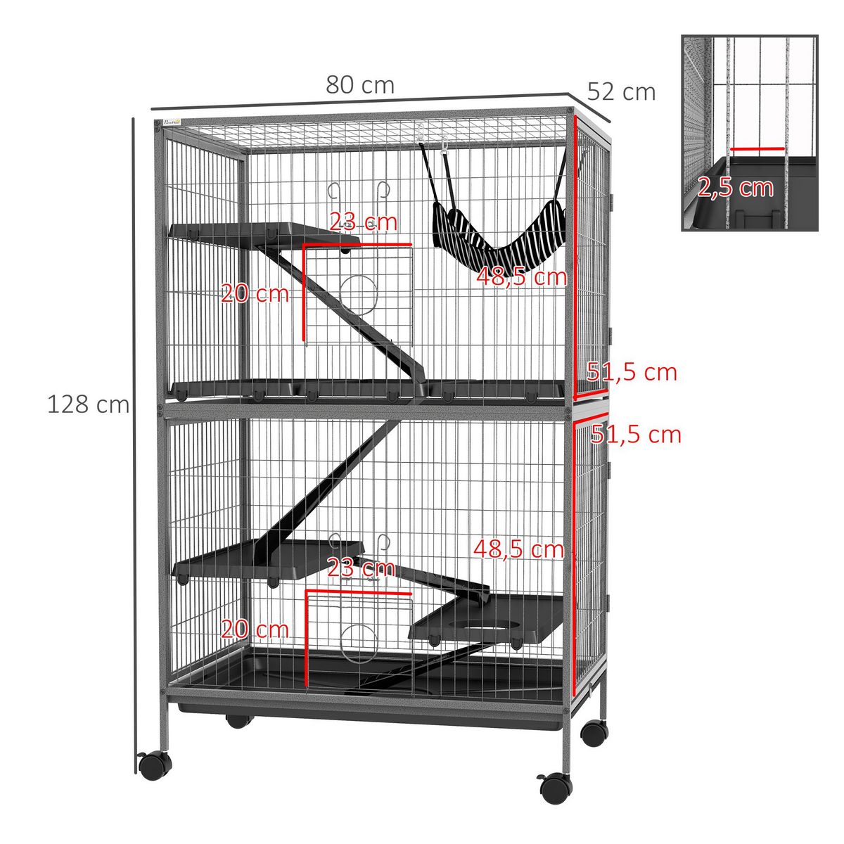 PAWHUT Cage pour rongeurs furet chinchilla 4 plateformes 3 rampes 4 portes hamac plateau acier gris noir