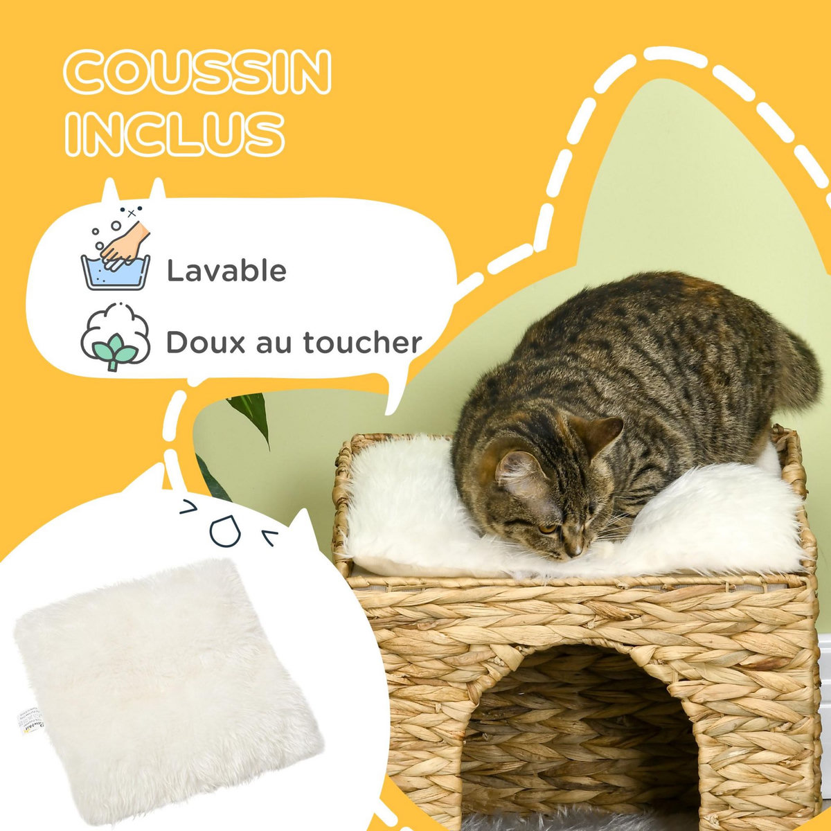 PAWHUT Panier chat lit chat cosy grand confort dim. Ø 37 x 41H cm coussins doux inclus jacinthe d'eau