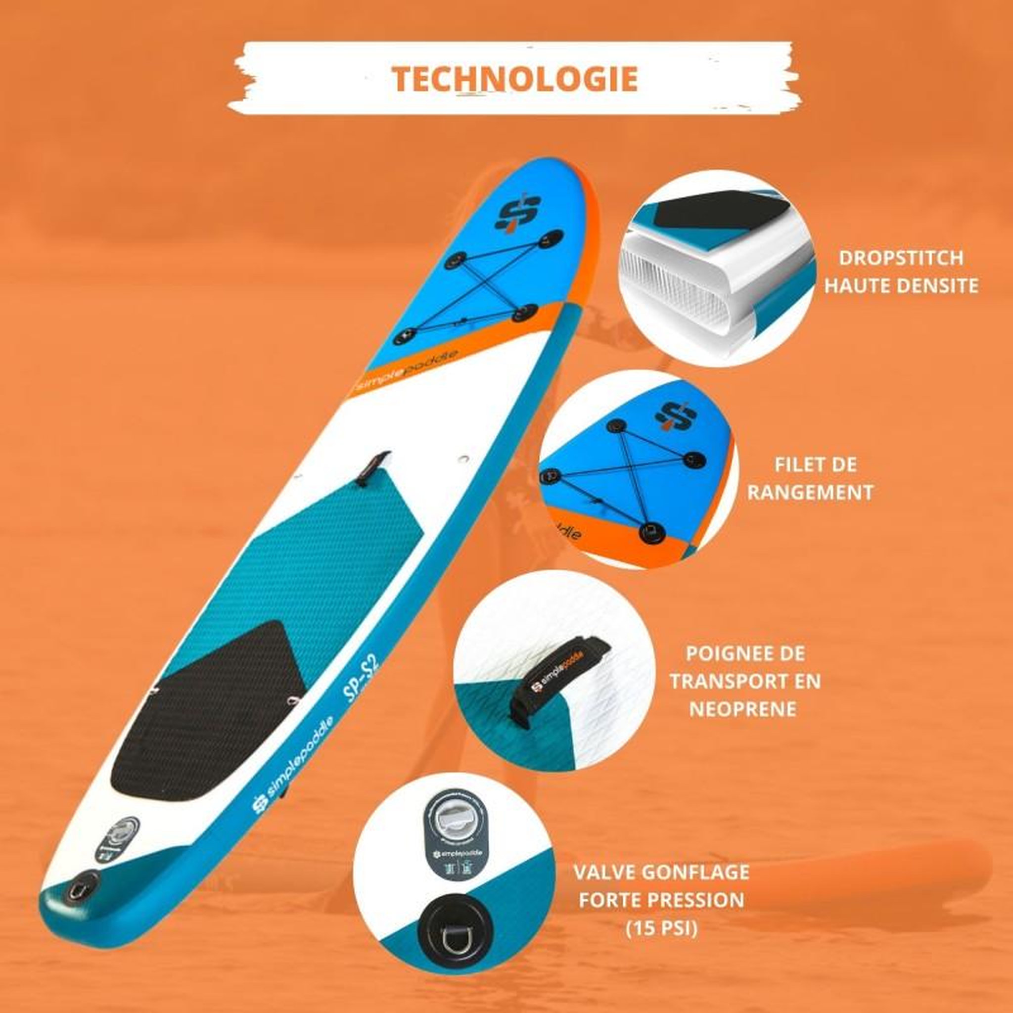 Voir la diapositive 4 : SIMPLE PADDLE Paddle Gonflable S2 10'2  30'' 5'' (310 x 76 x 13 cm) avec Pagaie, Leash, Pompe et Sac de Transport