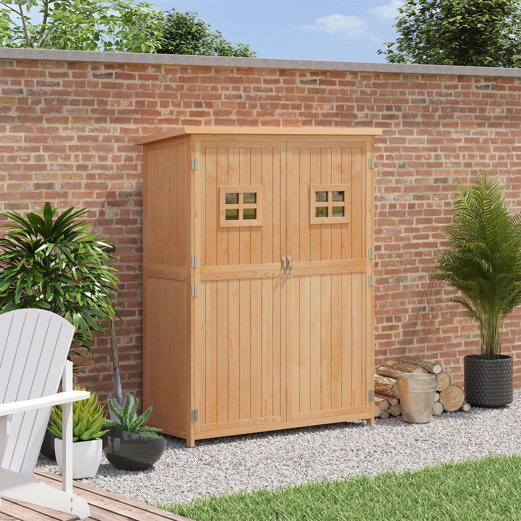 Voir la diapositive 4 : OUTSUNNY Abri de jardin armoire de jardin remise pour outils sur pied dim. 128L x 50l x 164H cm 2 étagères 2 portes 2 fenêtres toit bitumé étanche bois massif sapin pré-huilé